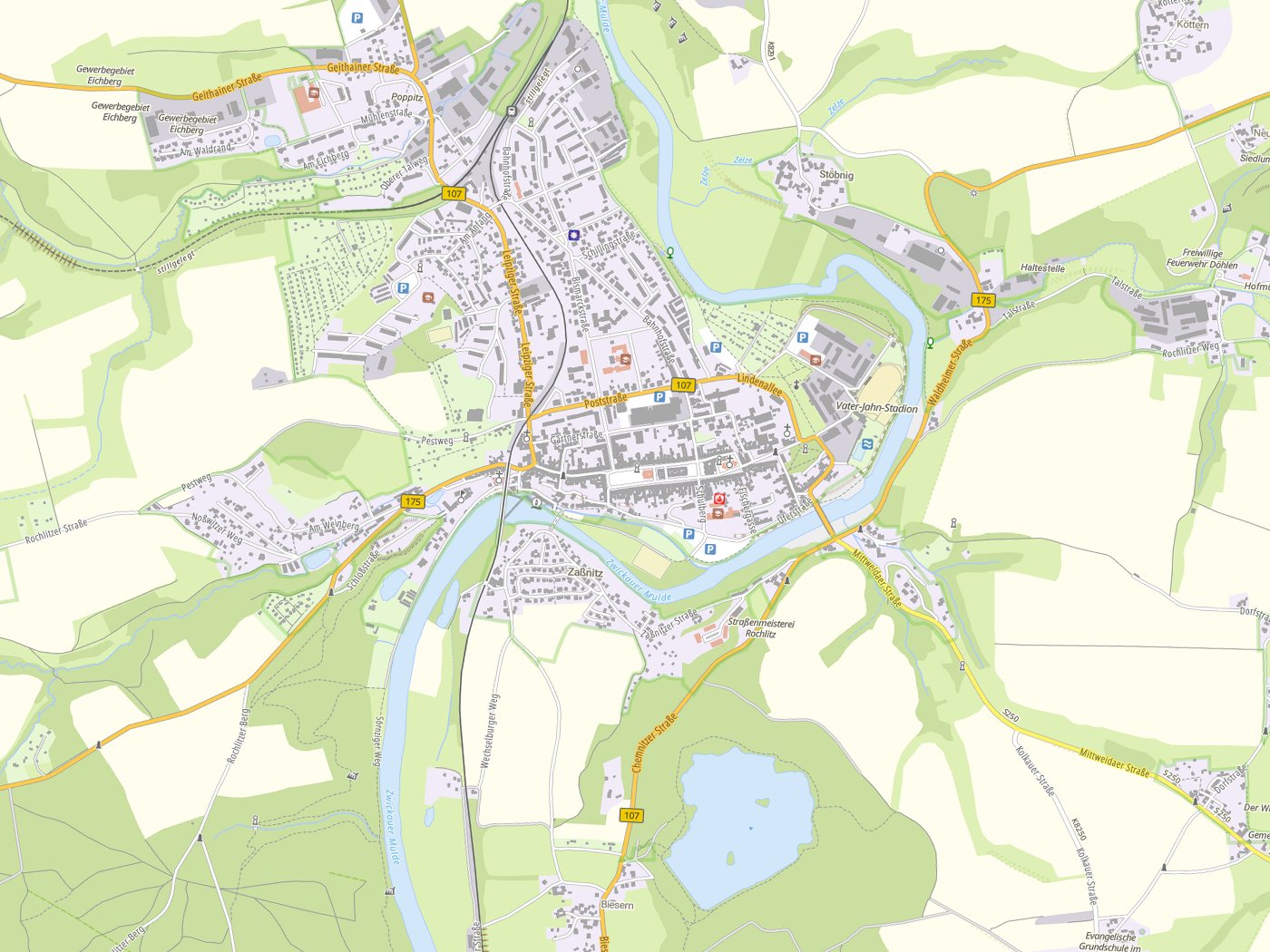 Kartenausschnitt Rochlitz mit Gewässern