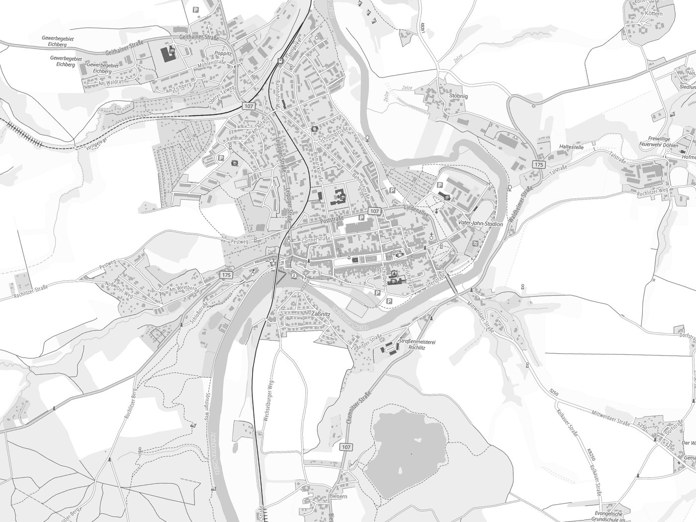 Kartenausschnitt Rochlitz mit Gewässern