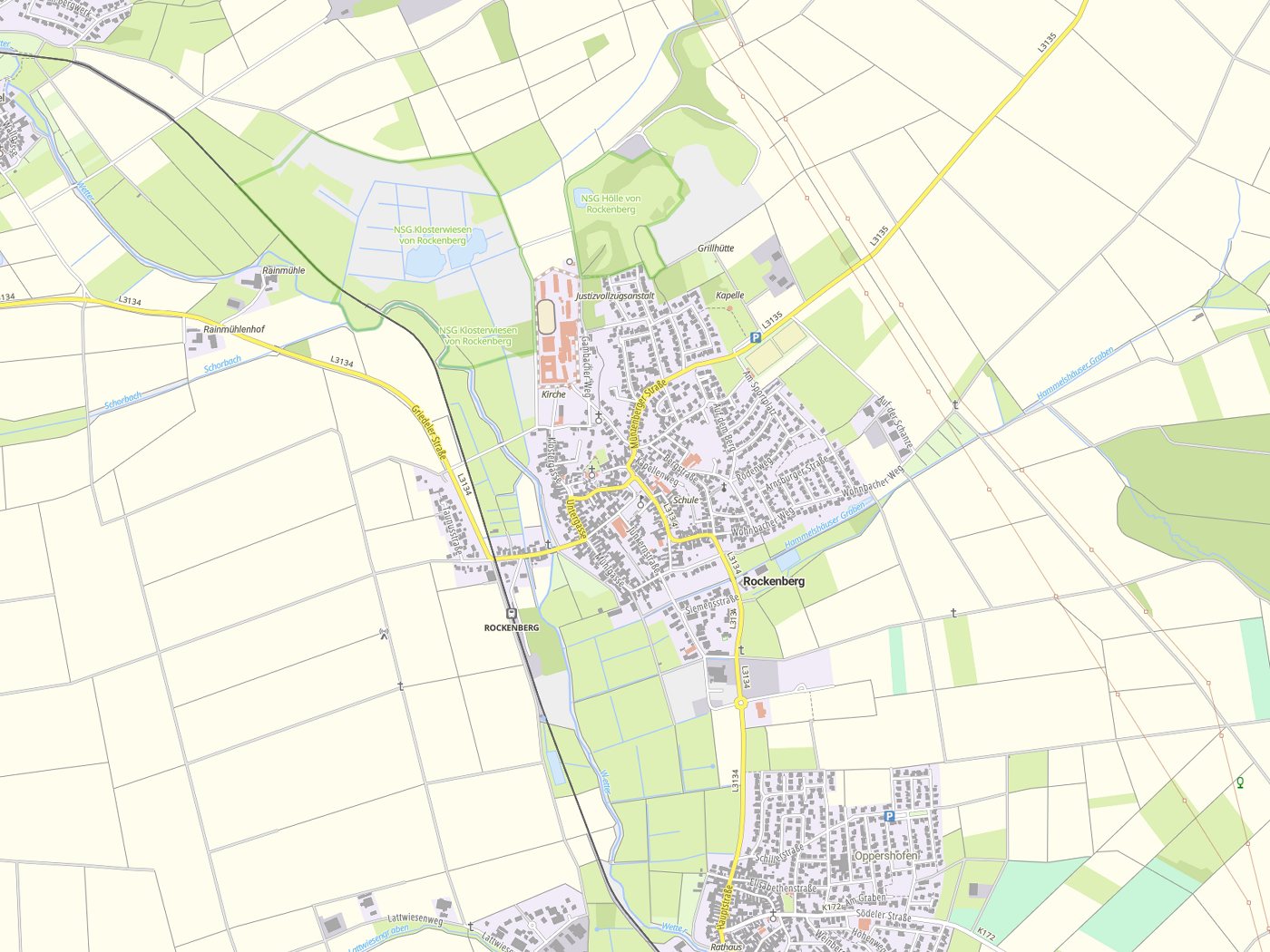 Kartenausschnitt Rockenberg mit Gewässern