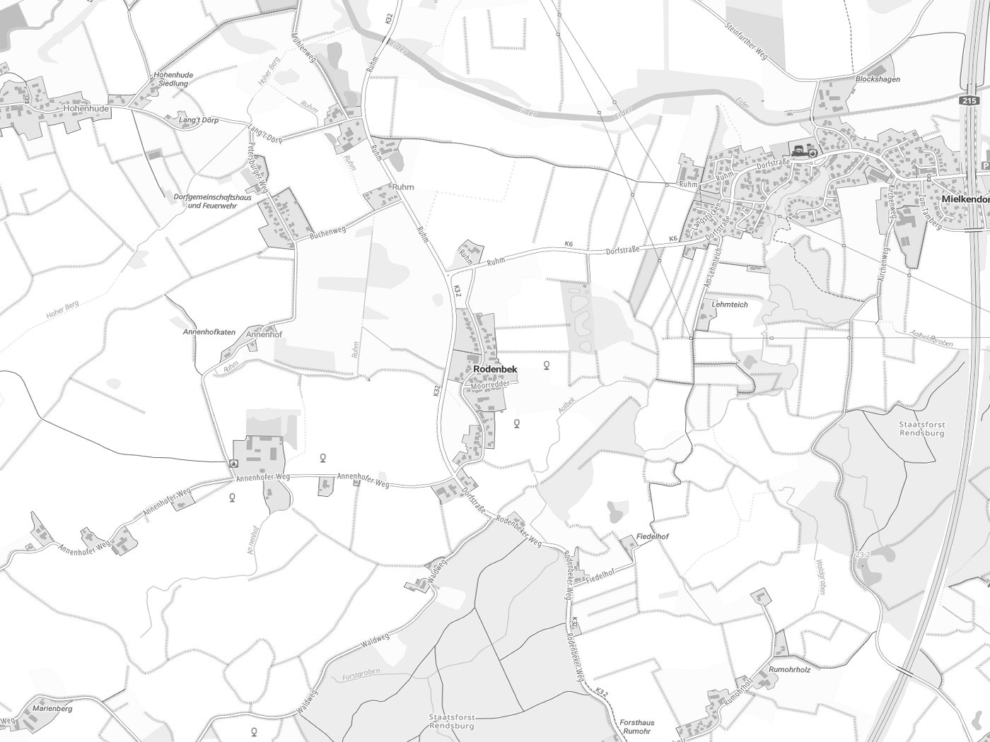 Kartenausschnitt Rodenbek mit Gewässern