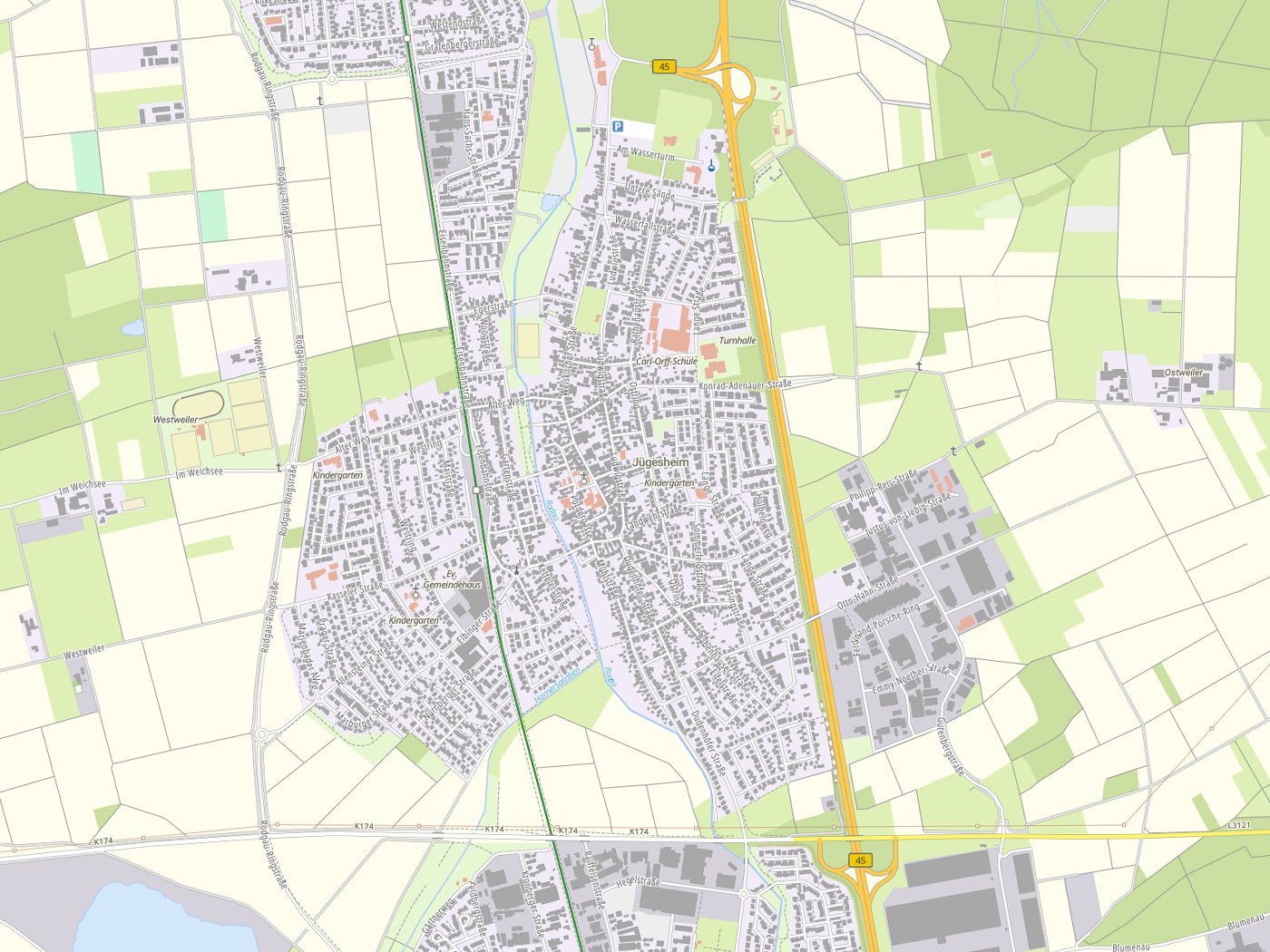 Kartenausschnitt Rodgau mit Gewässern