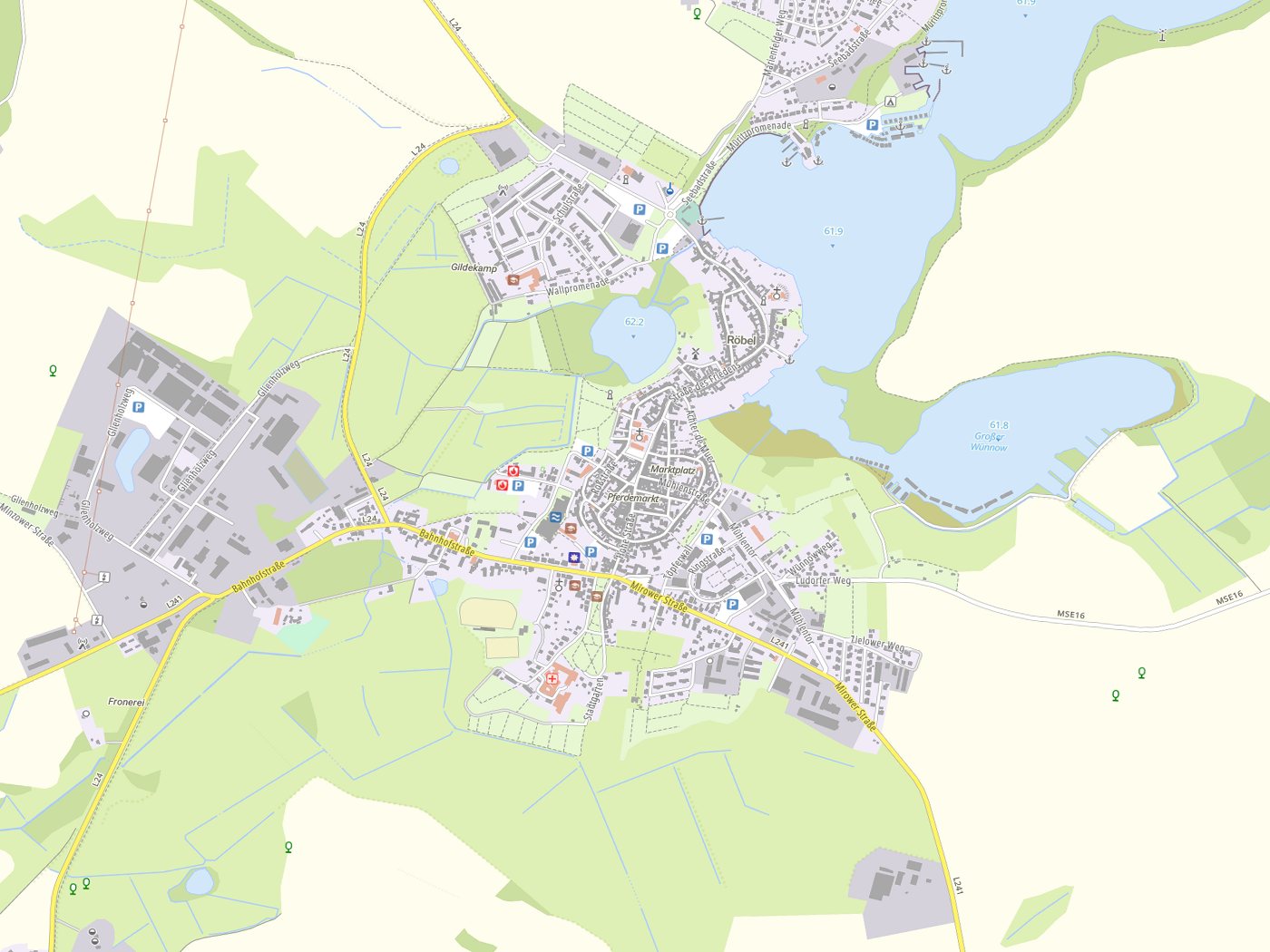 Kartenausschnitt Röbel/Müritz mit Gewässern