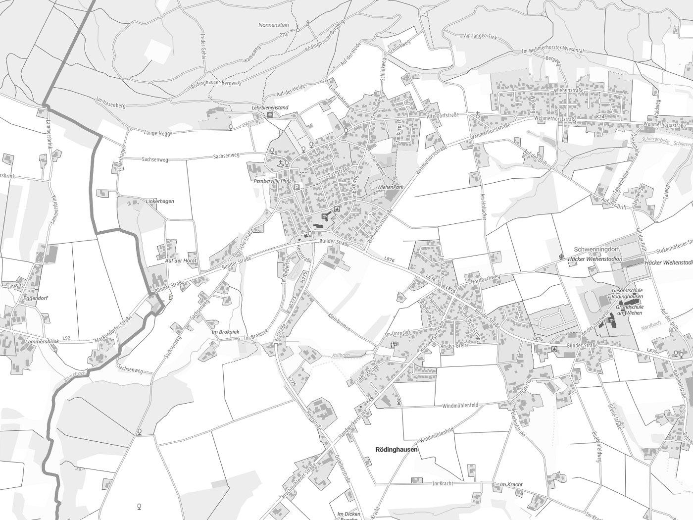 Kartenausschnitt Rödinghausen mit Gewässern