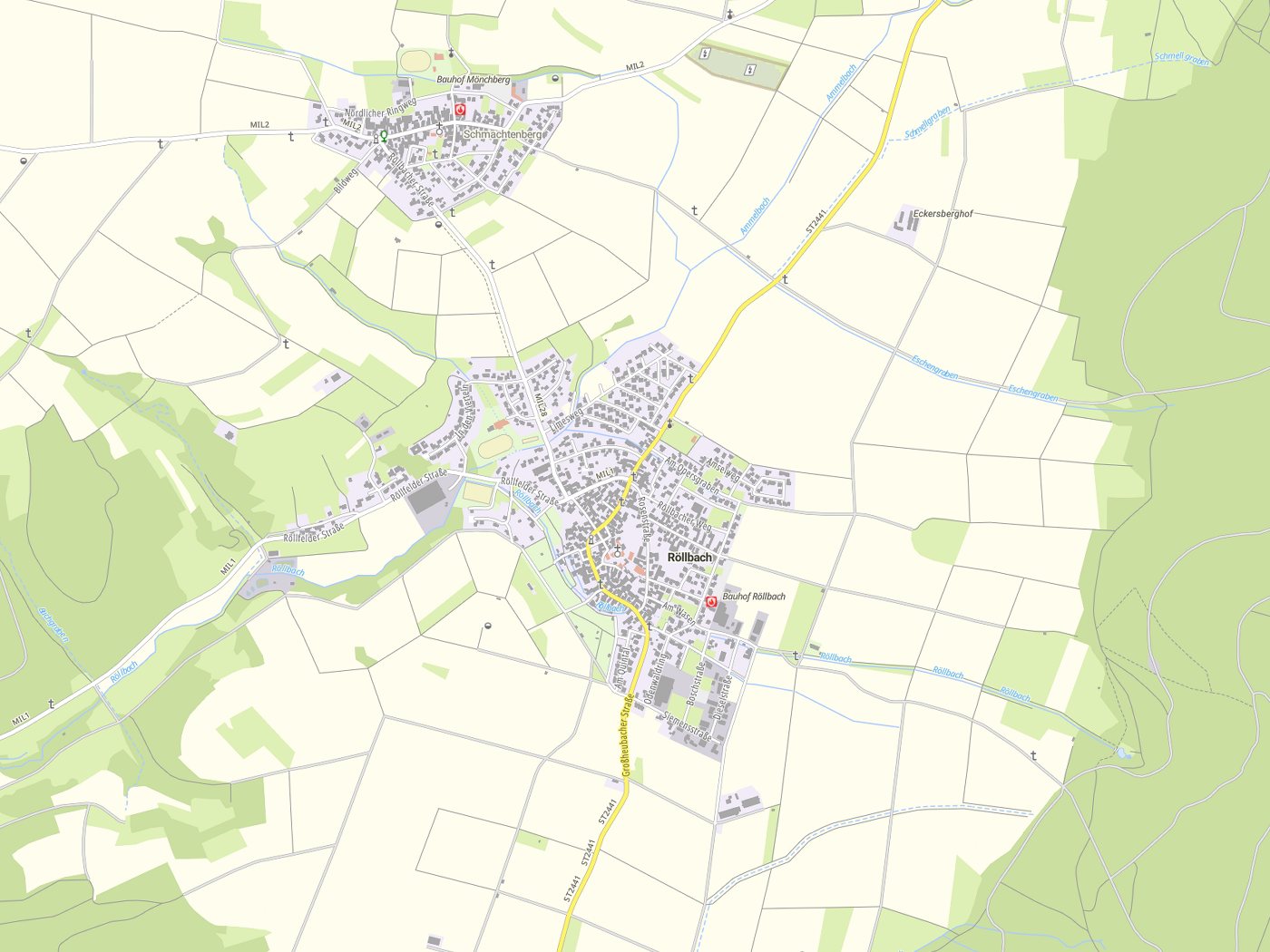 Kartenausschnitt Röllbach mit Gewässern