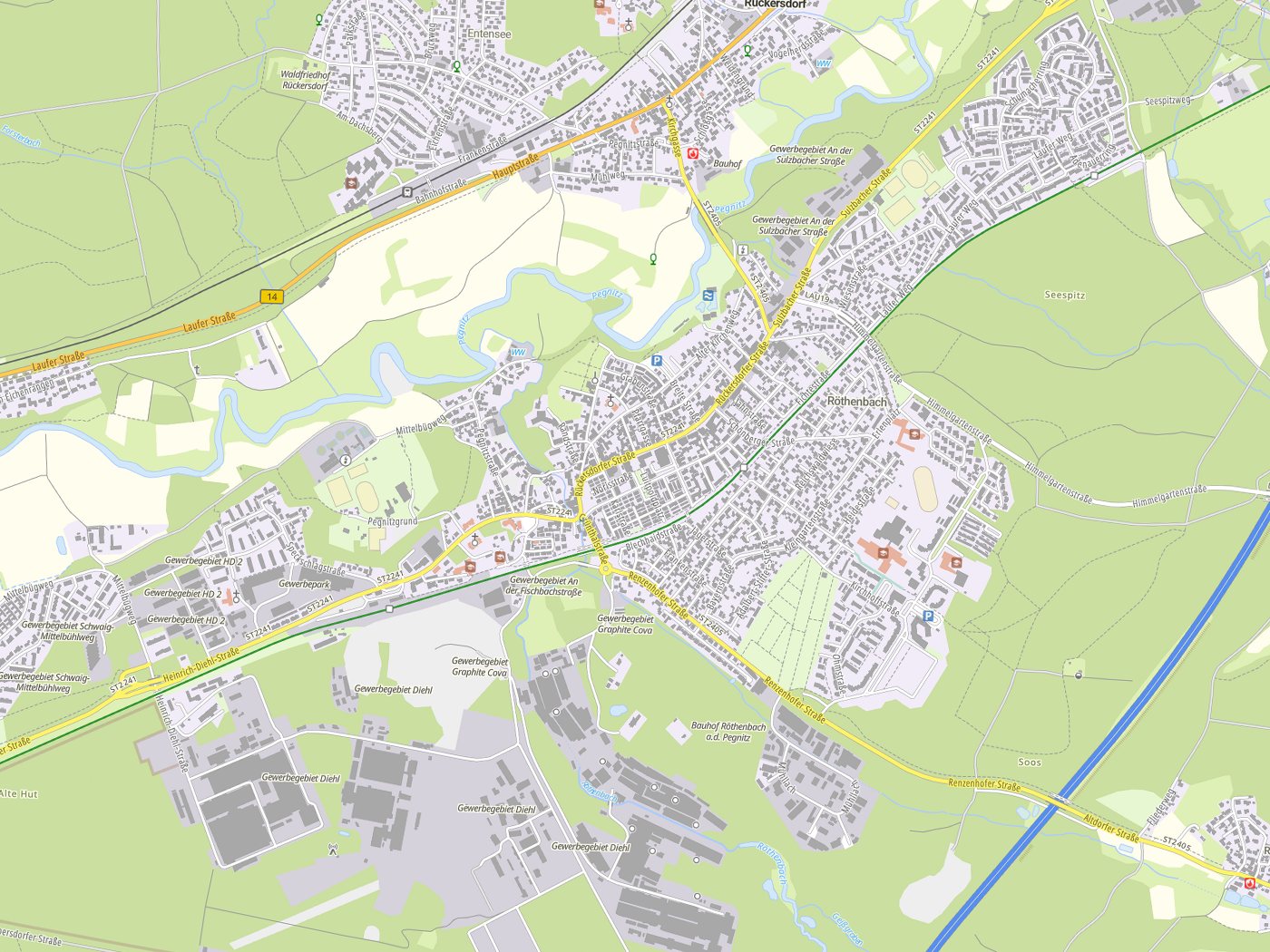 Kartenausschnitt Röthenbach an der Pegnitz mit Gewässern