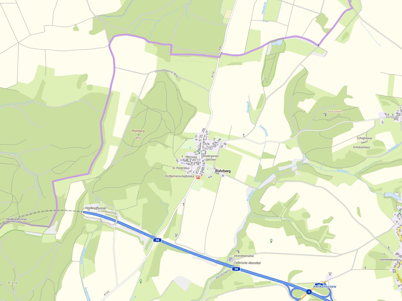 Kartenausschnitt Rohrberg mit Gewässern
