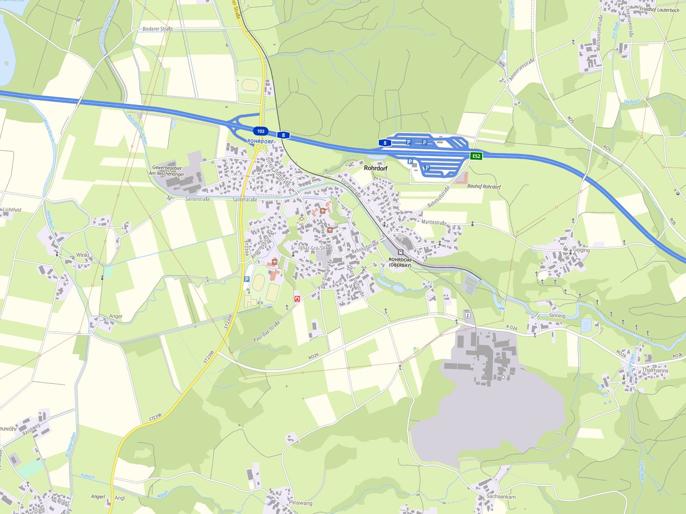 Kartenausschnitt Rohrdorf mit Gewässern
