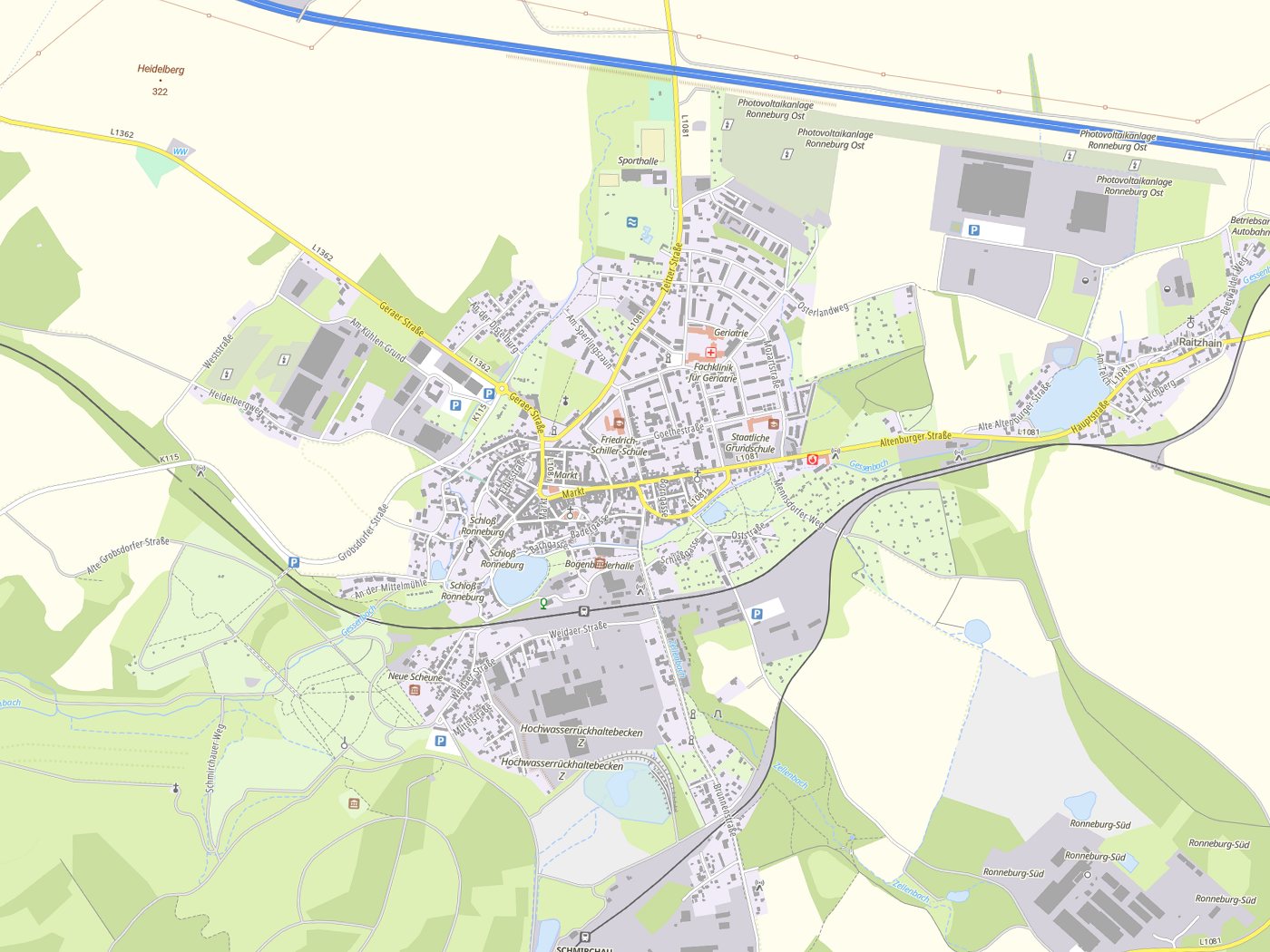 Kartenausschnitt Ronneburg mit Gewässern