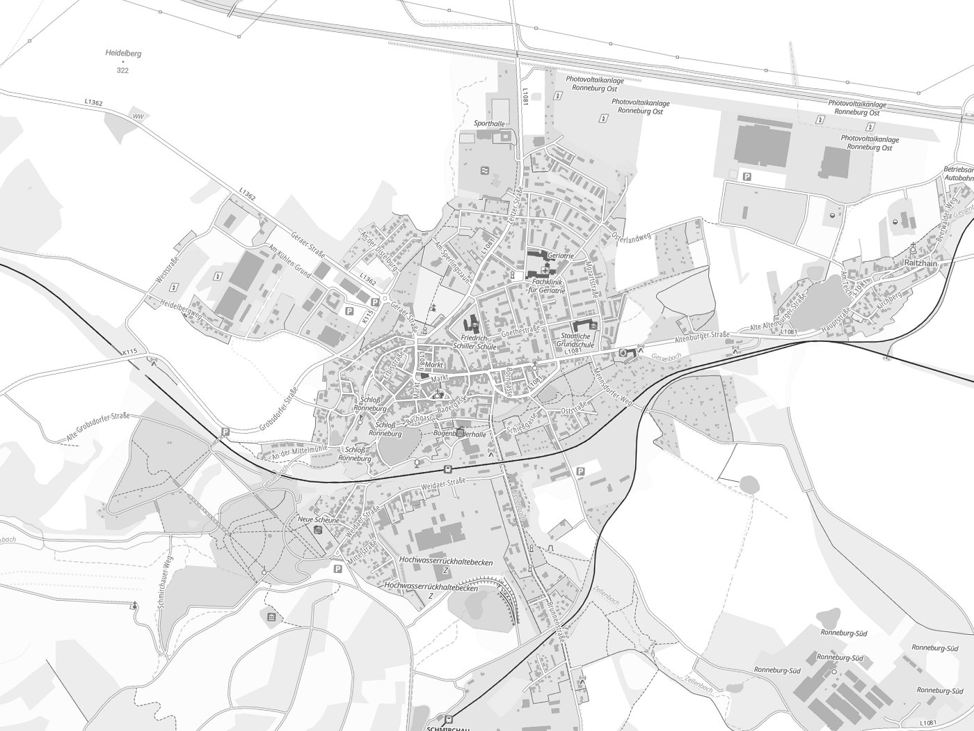 Kartenausschnitt Ronneburg mit Gewässern