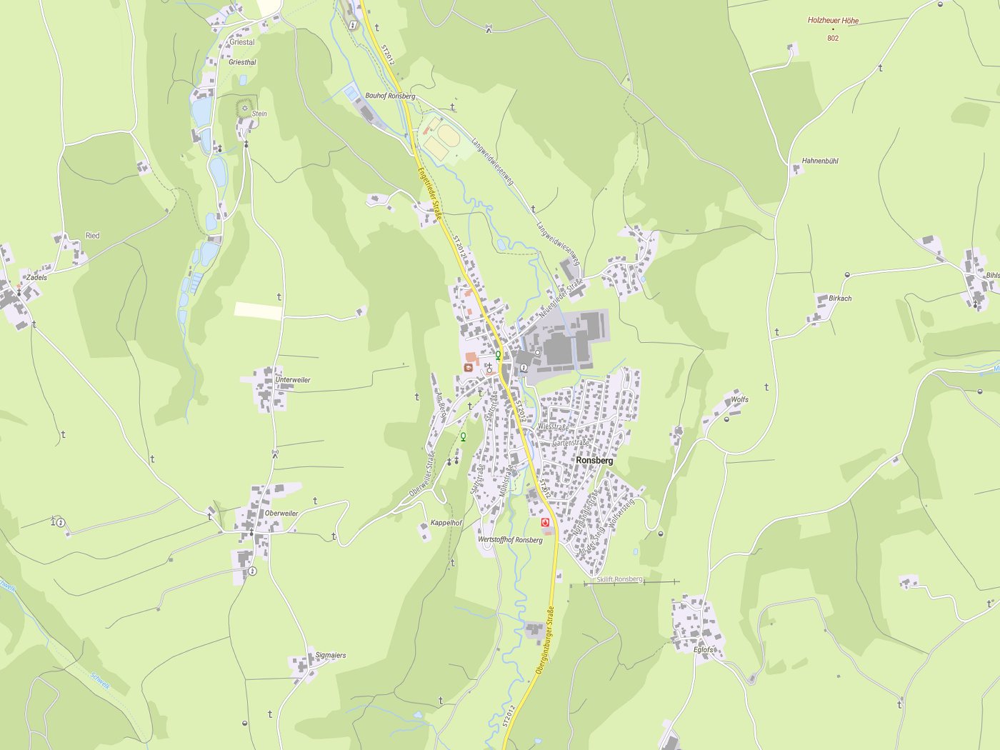 Kartenausschnitt Ronsberg mit Gewässern