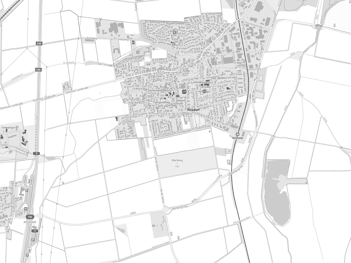 Kartenausschnitt Rosdorf mit Gewässern