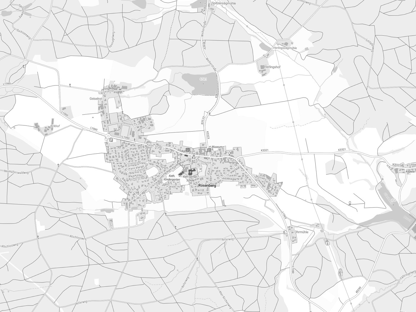 Kartenausschnitt Rosenberg mit Gewässern