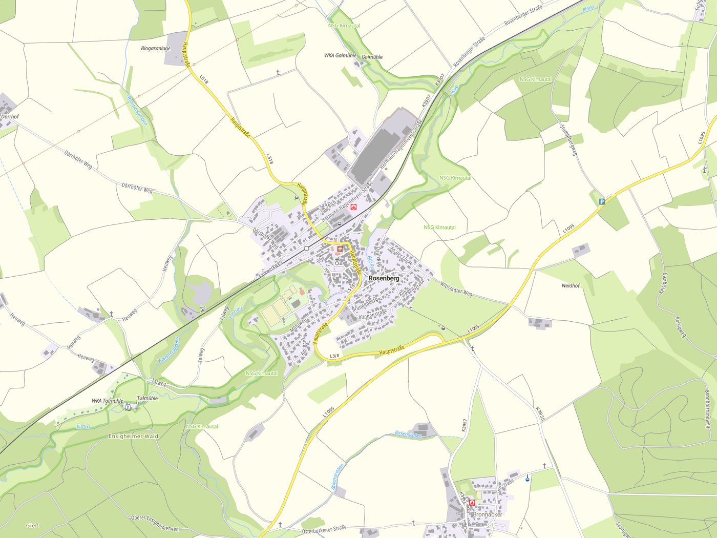 Kartenausschnitt Rosenberg mit Gewässern