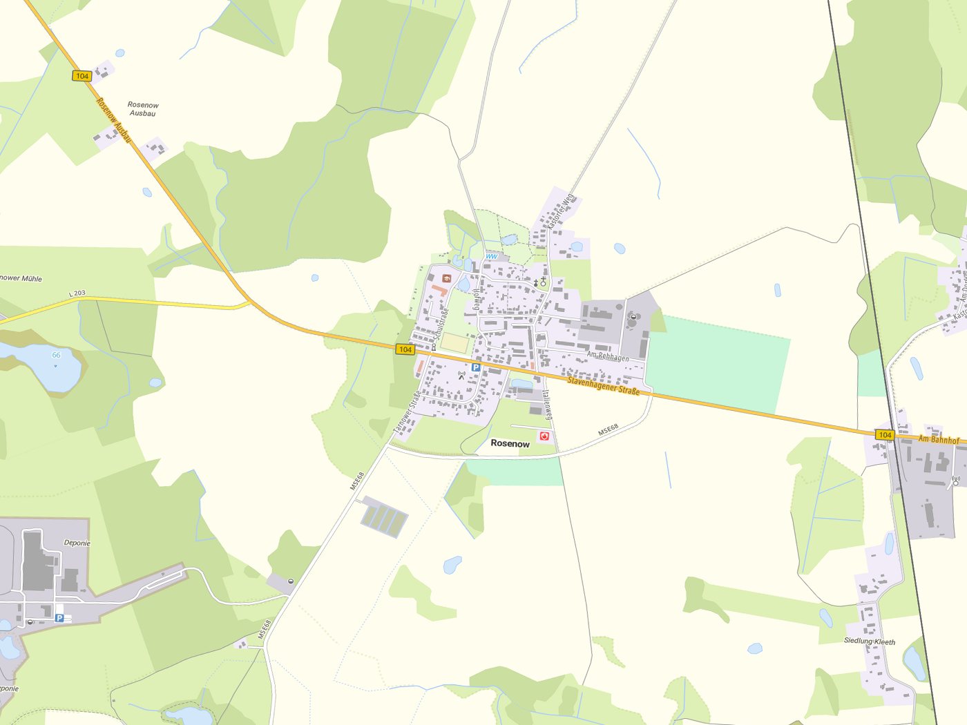 Kartenausschnitt Rosenow mit Gewässern
