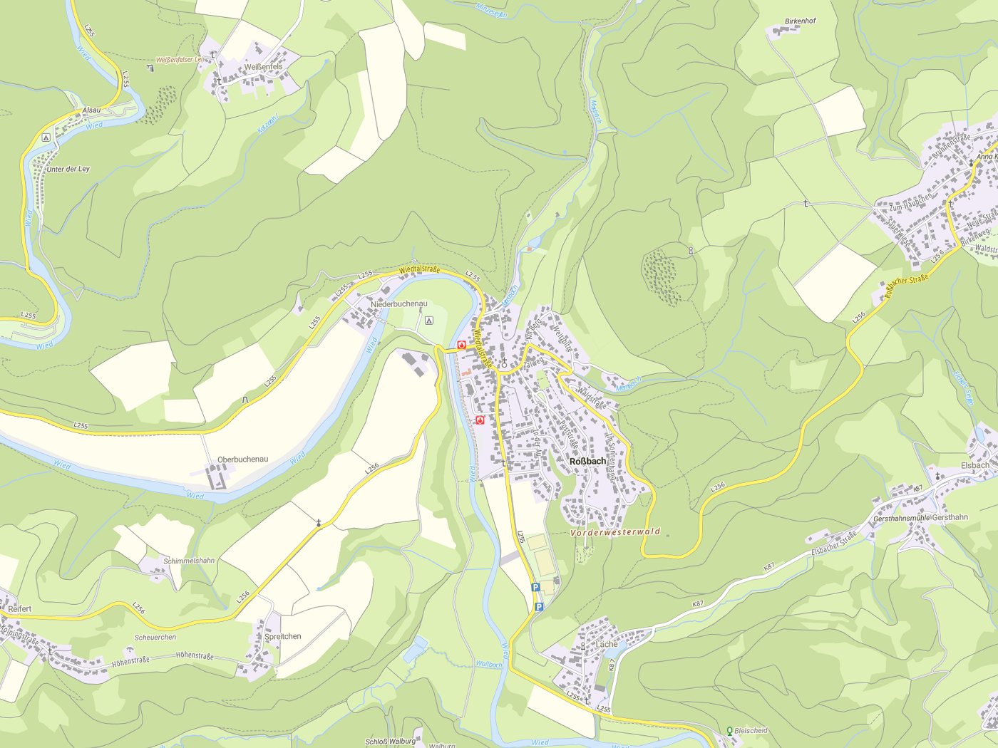 Kartenausschnitt Roßbach mit Gewässern