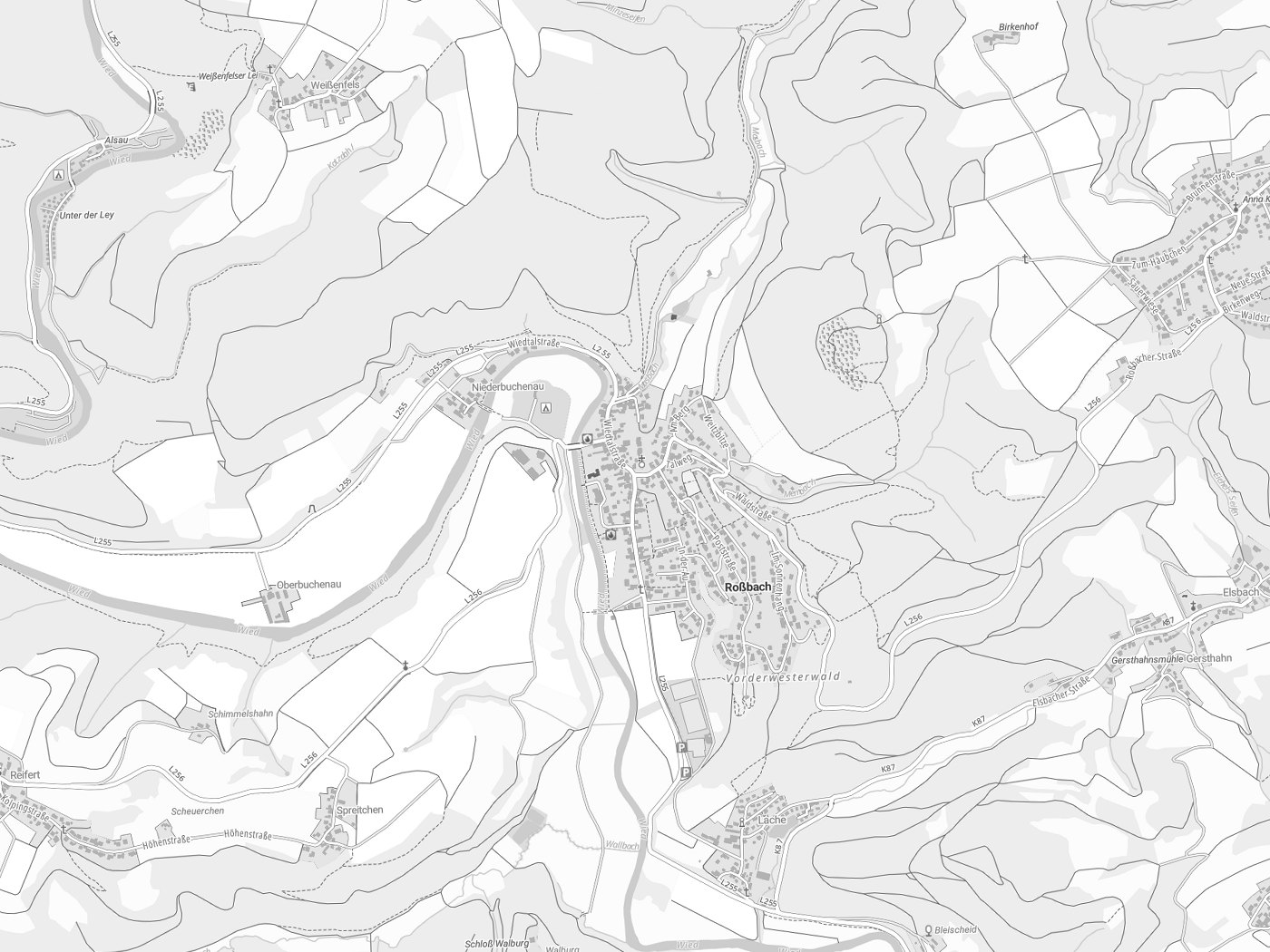 Kartenausschnitt Roßbach mit Gewässern