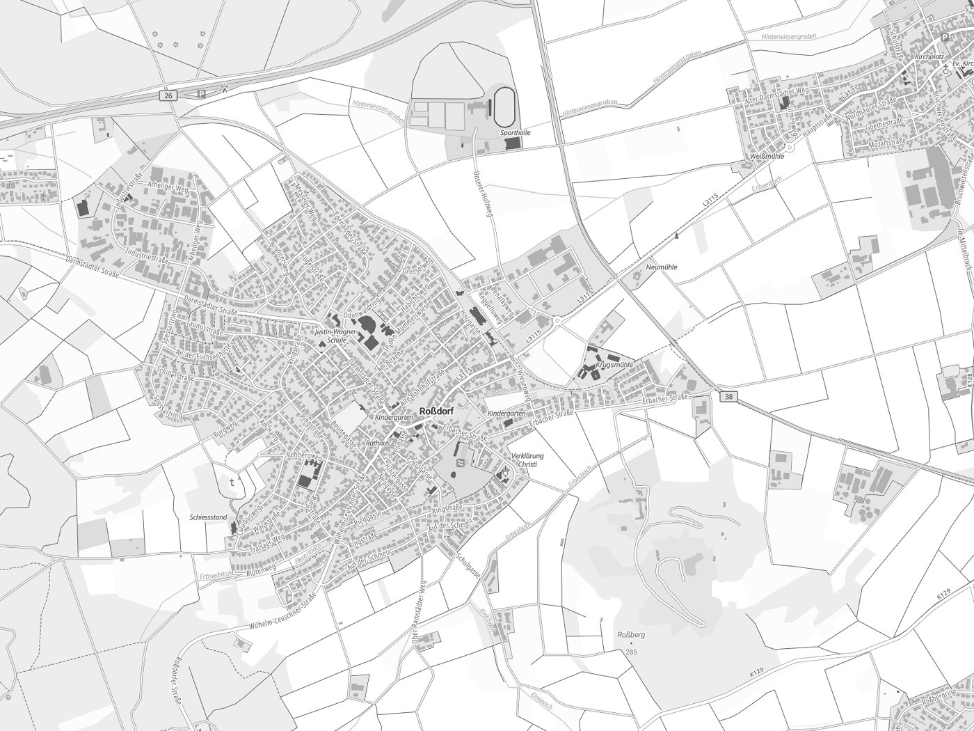 Kartenausschnitt Roßdorf mit Gewässern