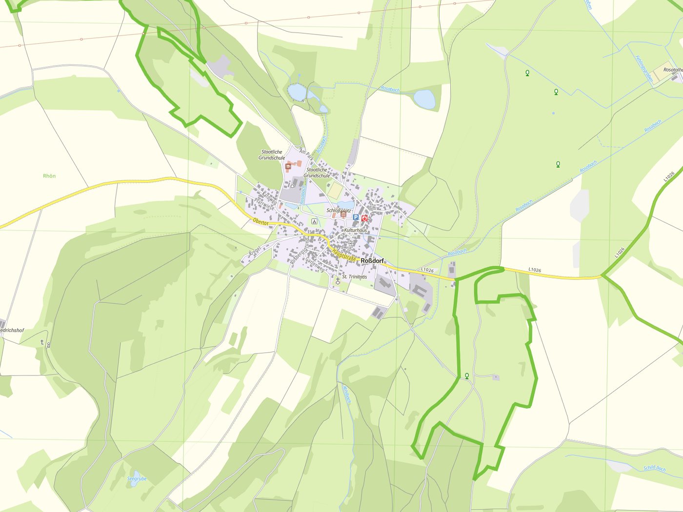 Kartenausschnitt Roßdorf mit Gewässern