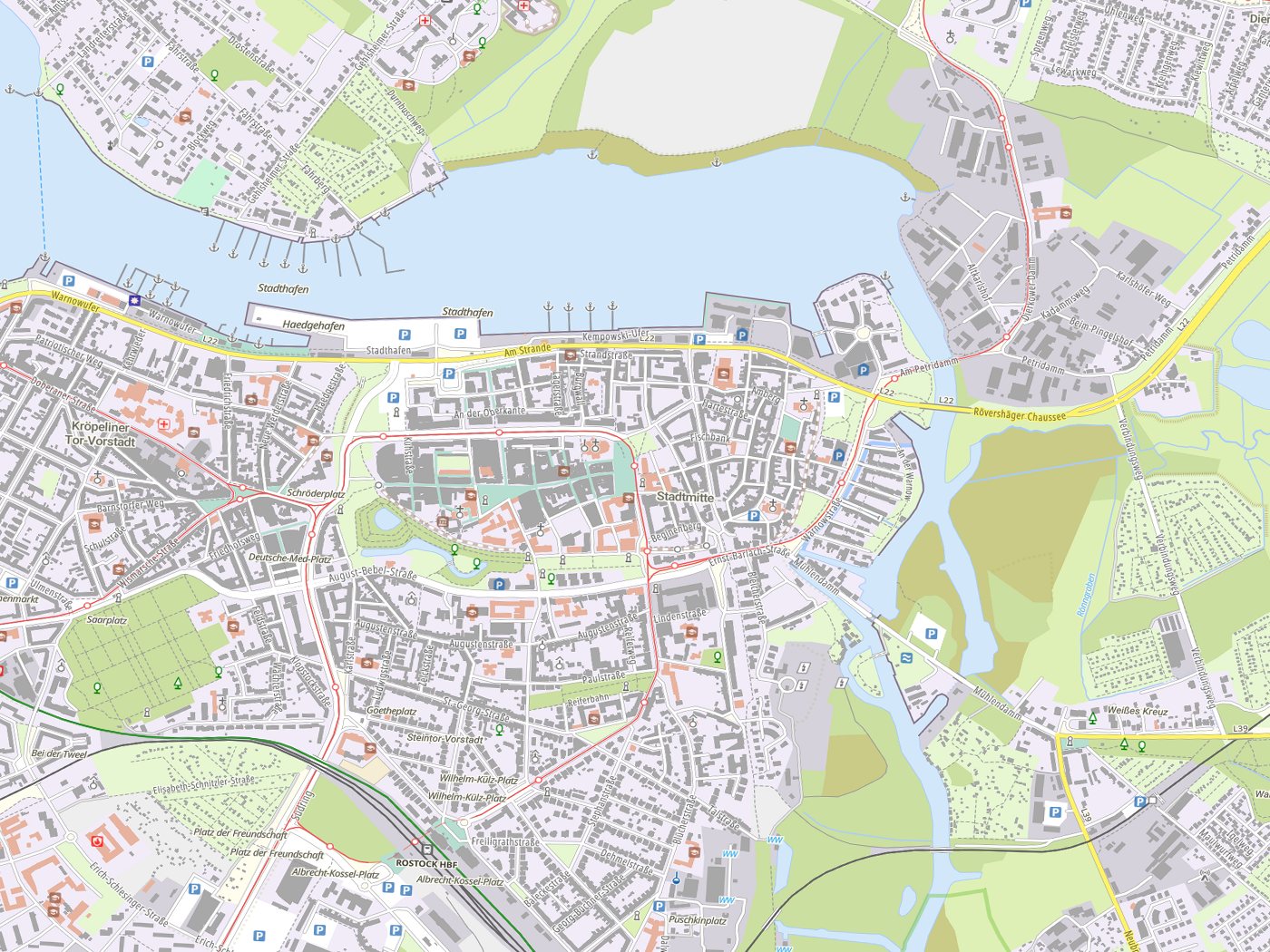 Kartenausschnitt Rostock mit Gewässern