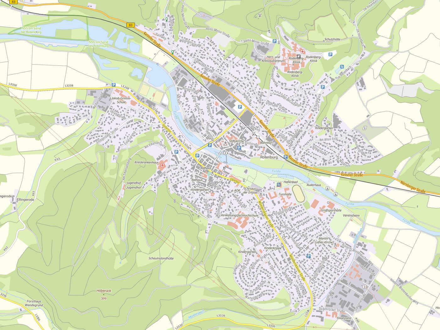 Kartenausschnitt Rotenburg an der Fulda mit Gewässern