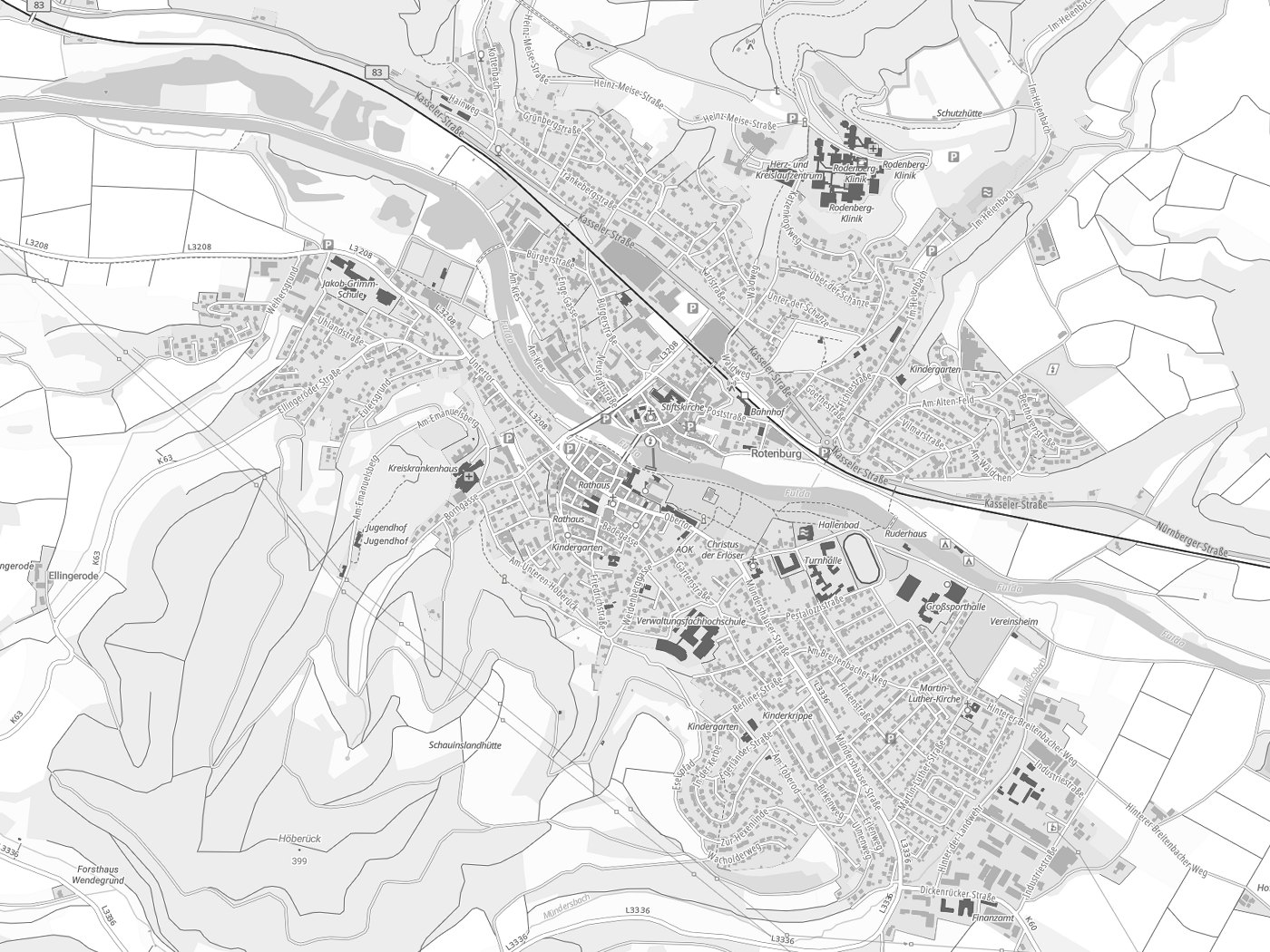 Kartenausschnitt Rotenburg an der Fulda mit Gewässern