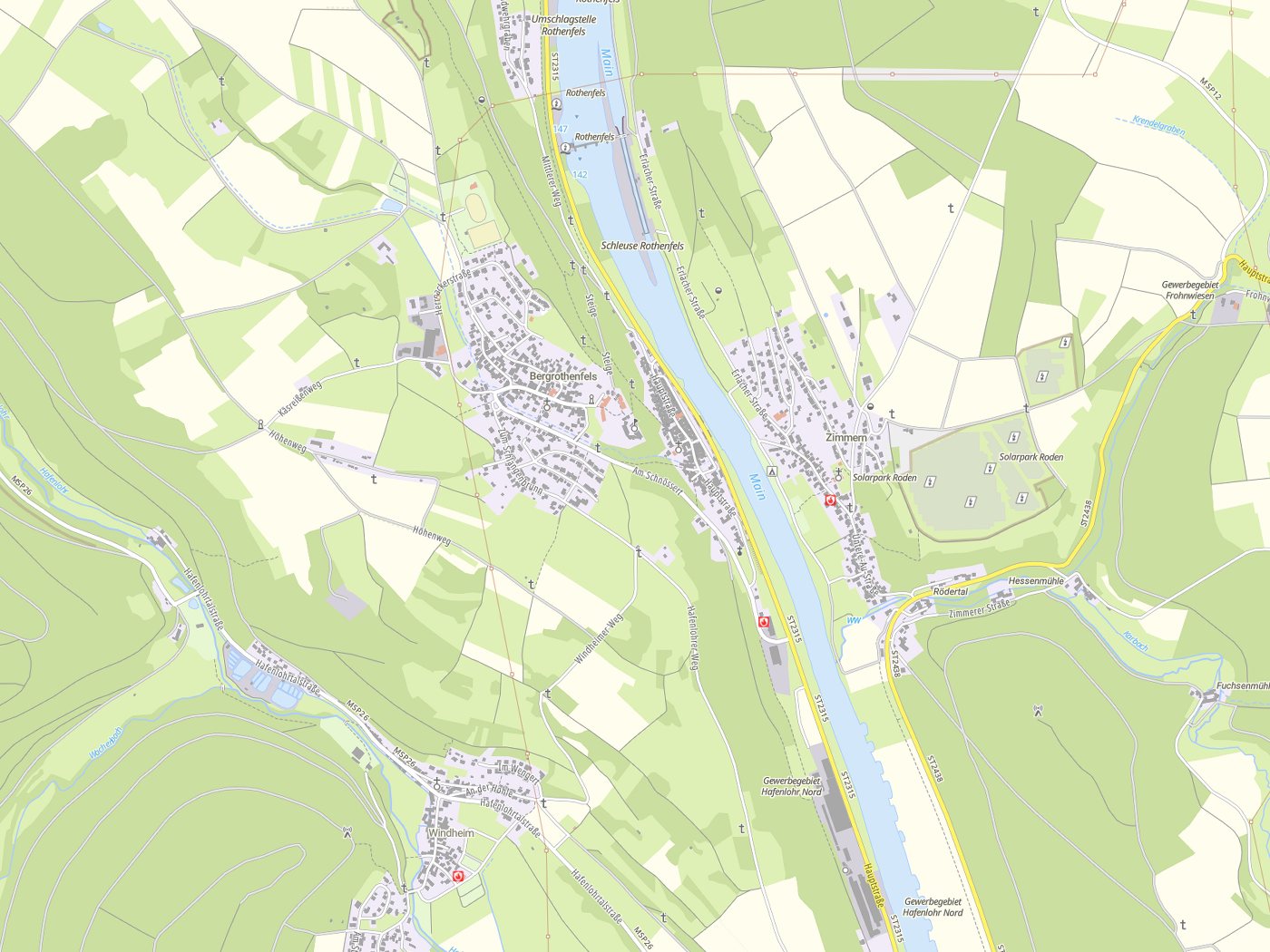 Kartenausschnitt Rothenfels mit Gewässern