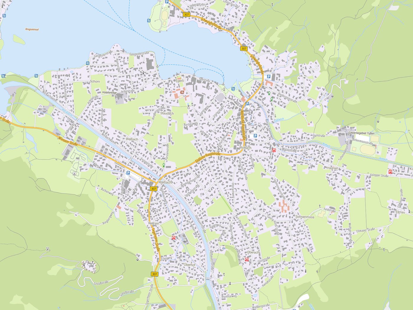Kartenausschnitt Rottach-Egern mit Gewässern