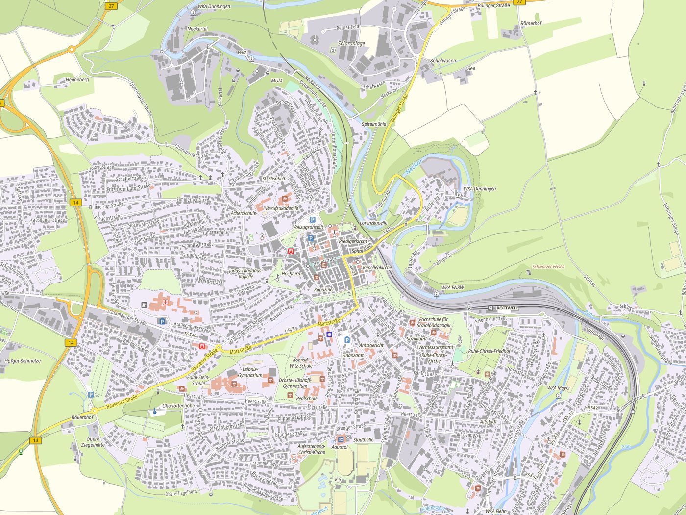 Kartenausschnitt Rottweil mit Gewässern