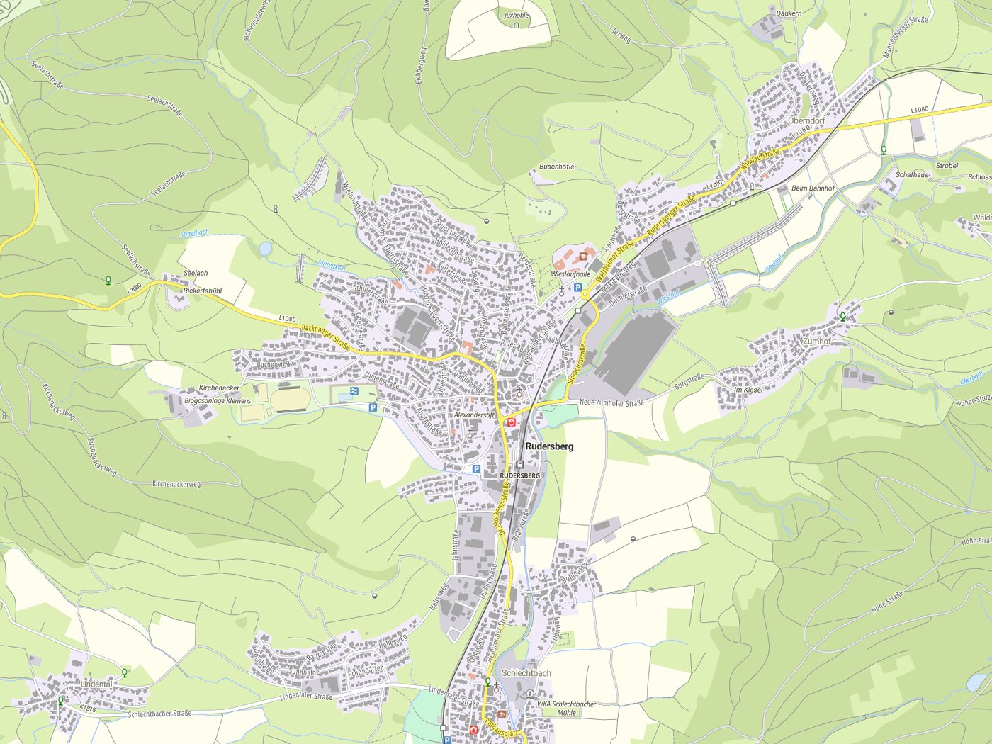 Kartenausschnitt Rudersberg mit Gewässern