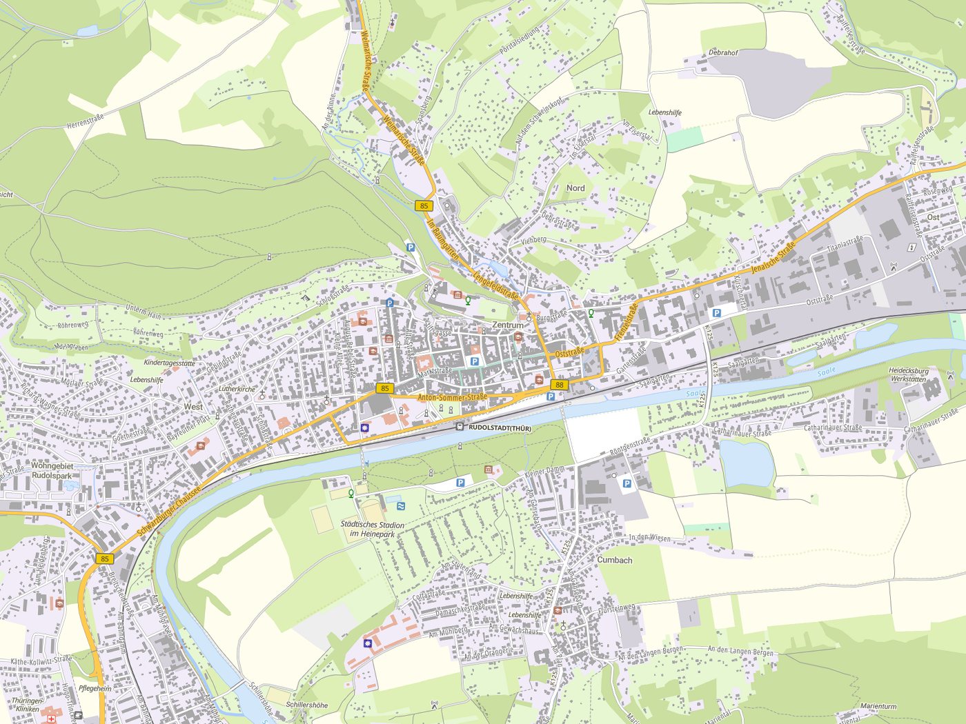 Kartenausschnitt Rudolstadt mit Gewässern