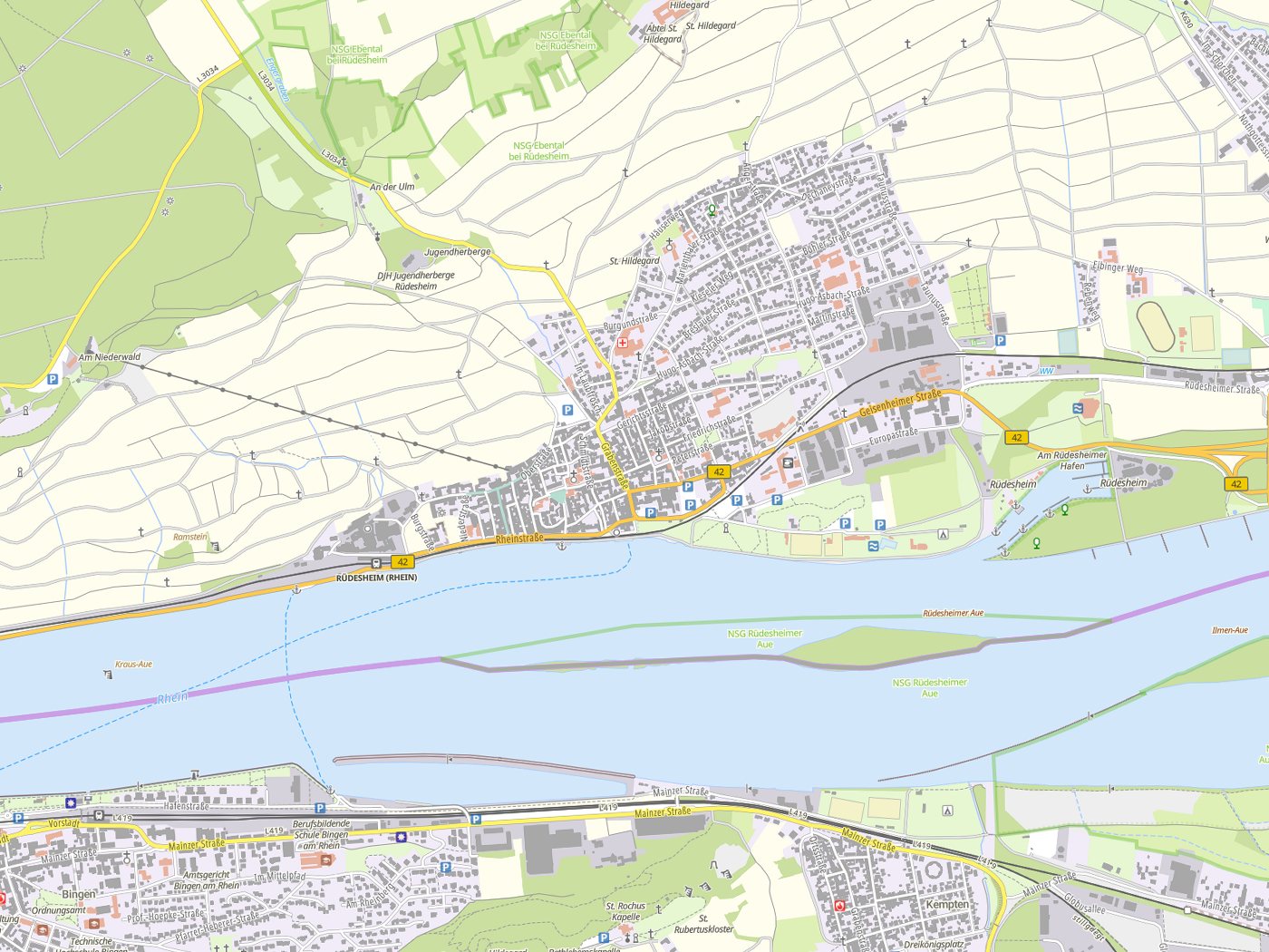 Kartenausschnitt Rüdesheim am Rhein mit Gewässern