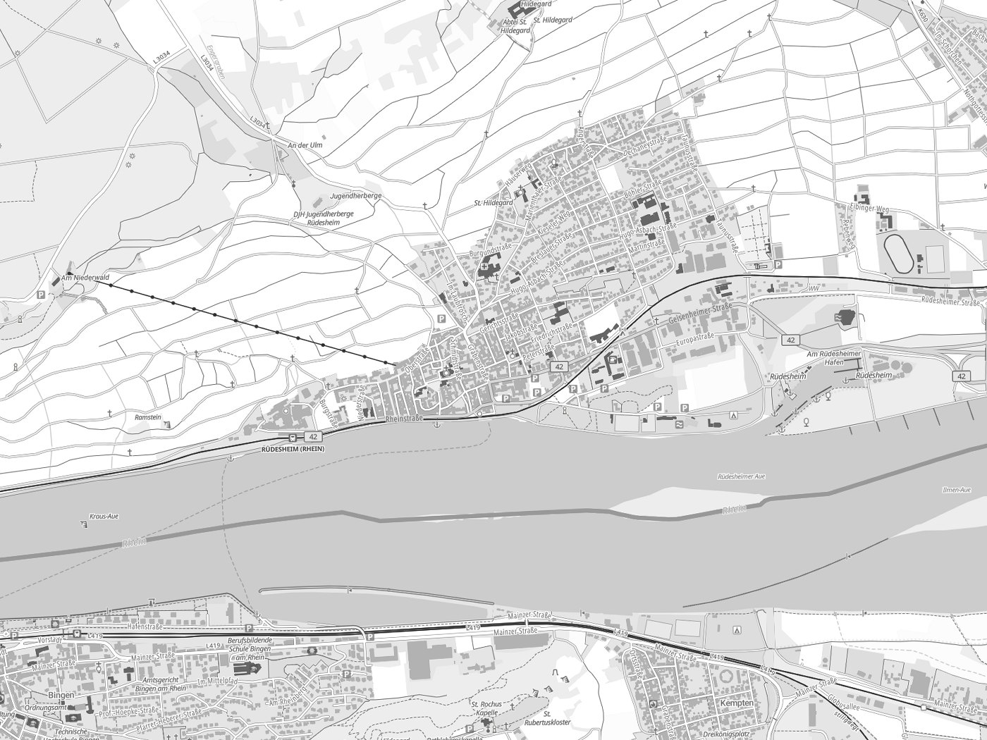 Kartenausschnitt Rüdesheim am Rhein mit Gewässern