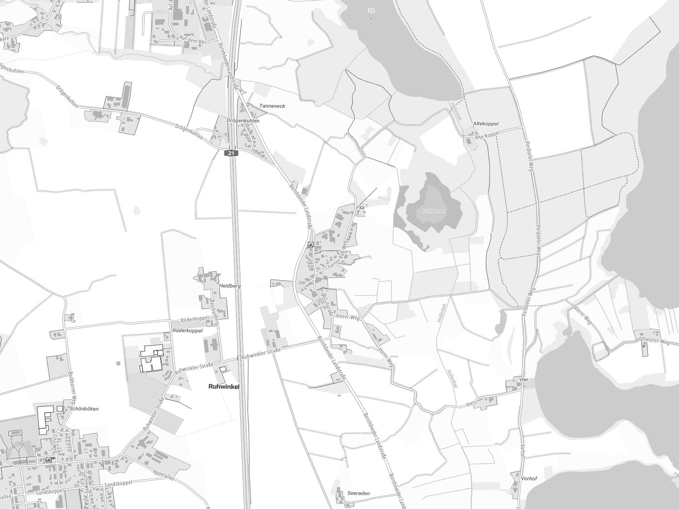 Kartenausschnitt Ruhwinkel mit Gewässern