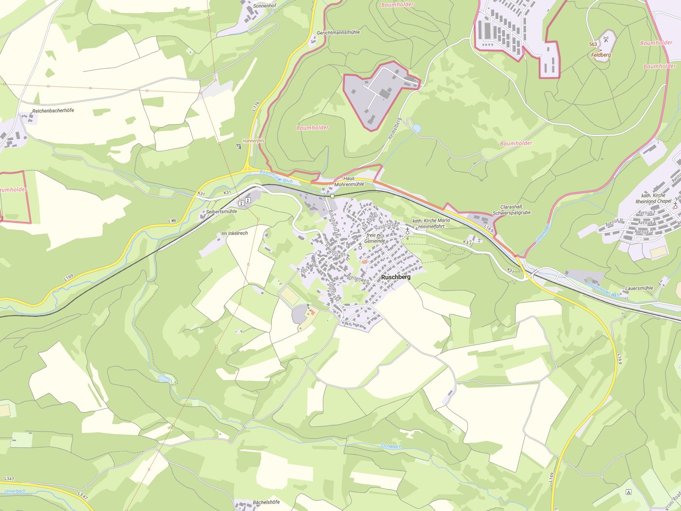 Kartenausschnitt Ruschberg mit Gewässern