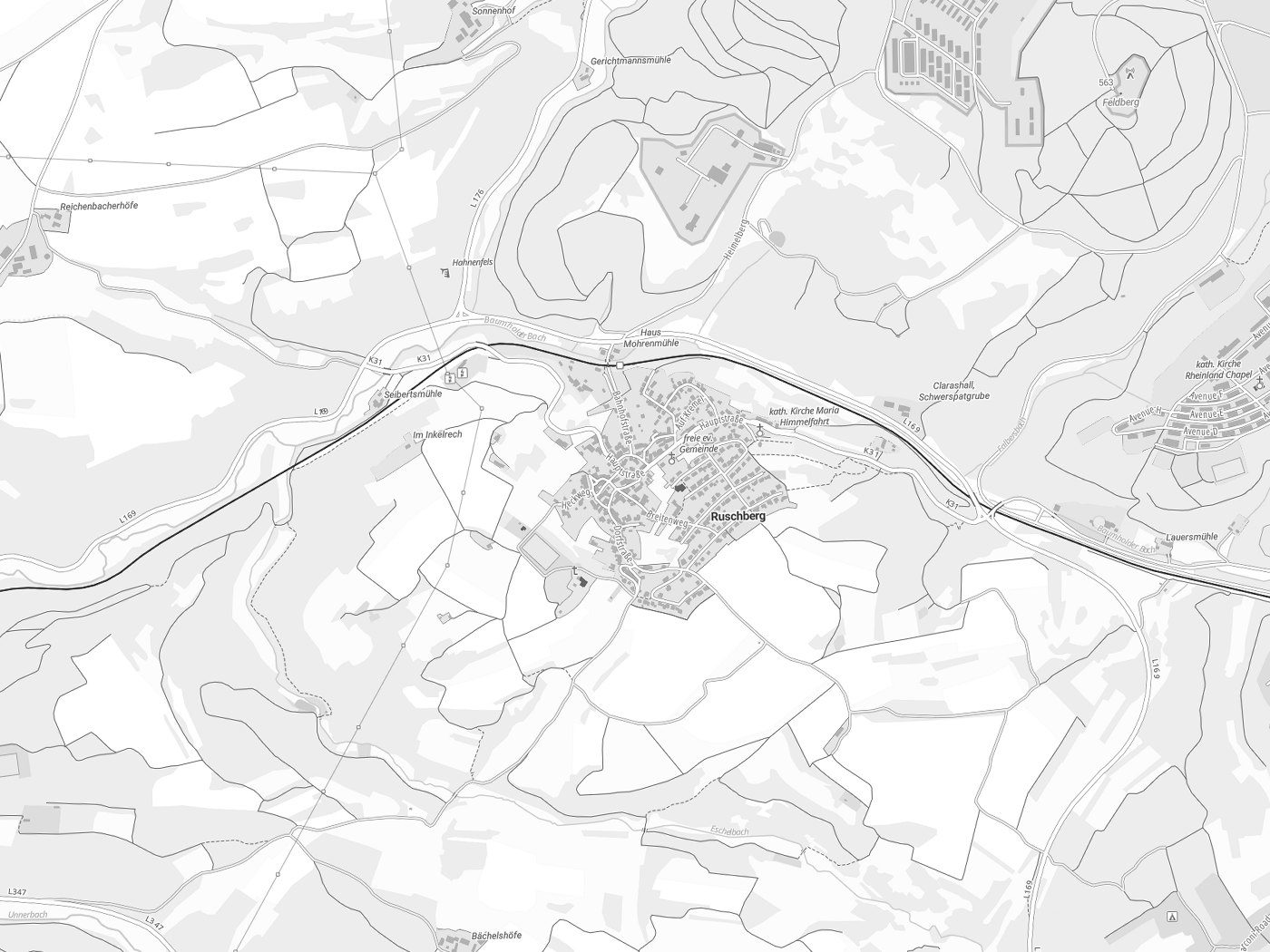 Kartenausschnitt Ruschberg mit Gewässern