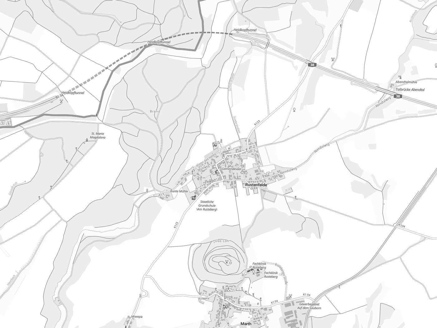Kartenausschnitt Rustenfelde mit Gewässern