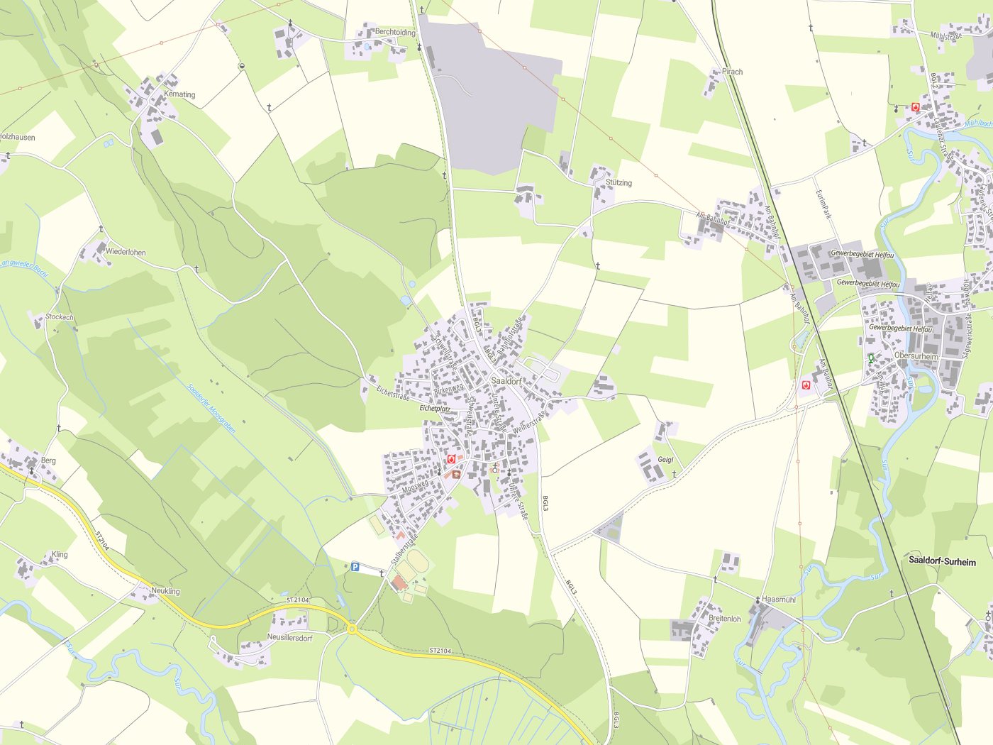Kartenausschnitt Saaldorf-Surheim mit Gewässern