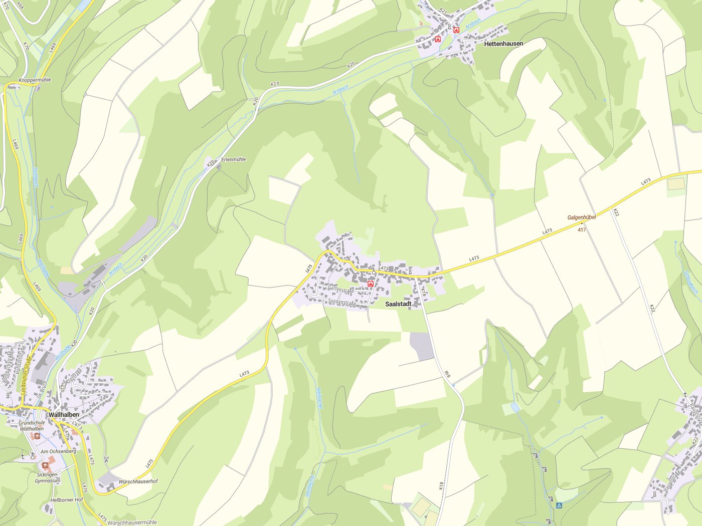 Kartenausschnitt Saalstadt mit Gewässern