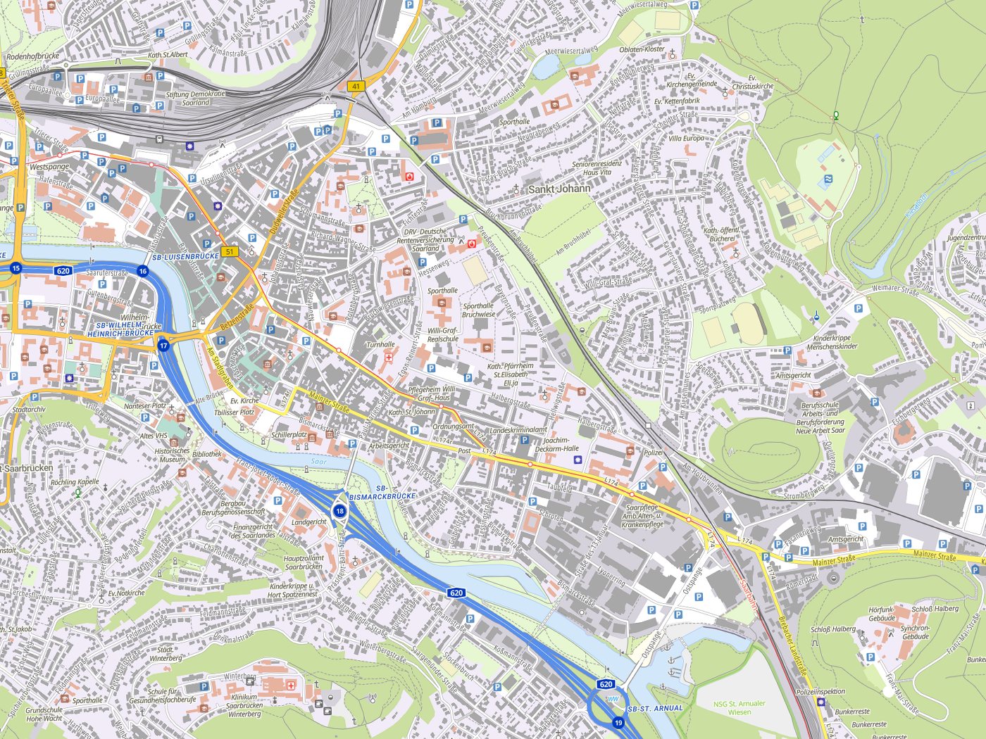 Kartenausschnitt Saarbrücken mit Gewässern