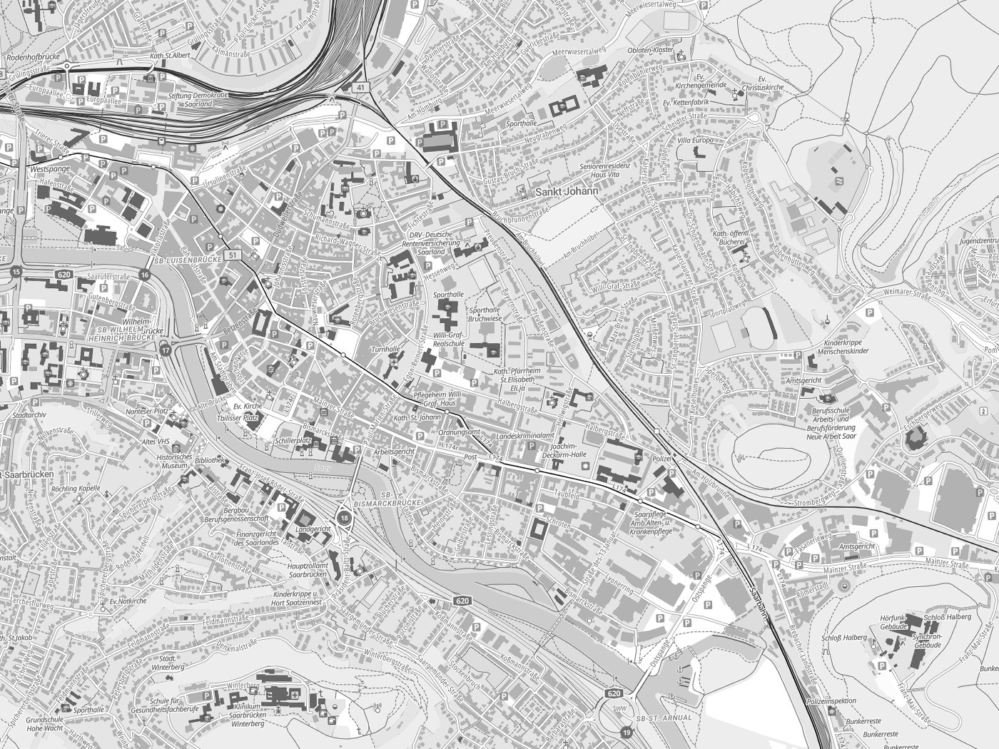Kartenausschnitt Saarbrücken mit Gewässern