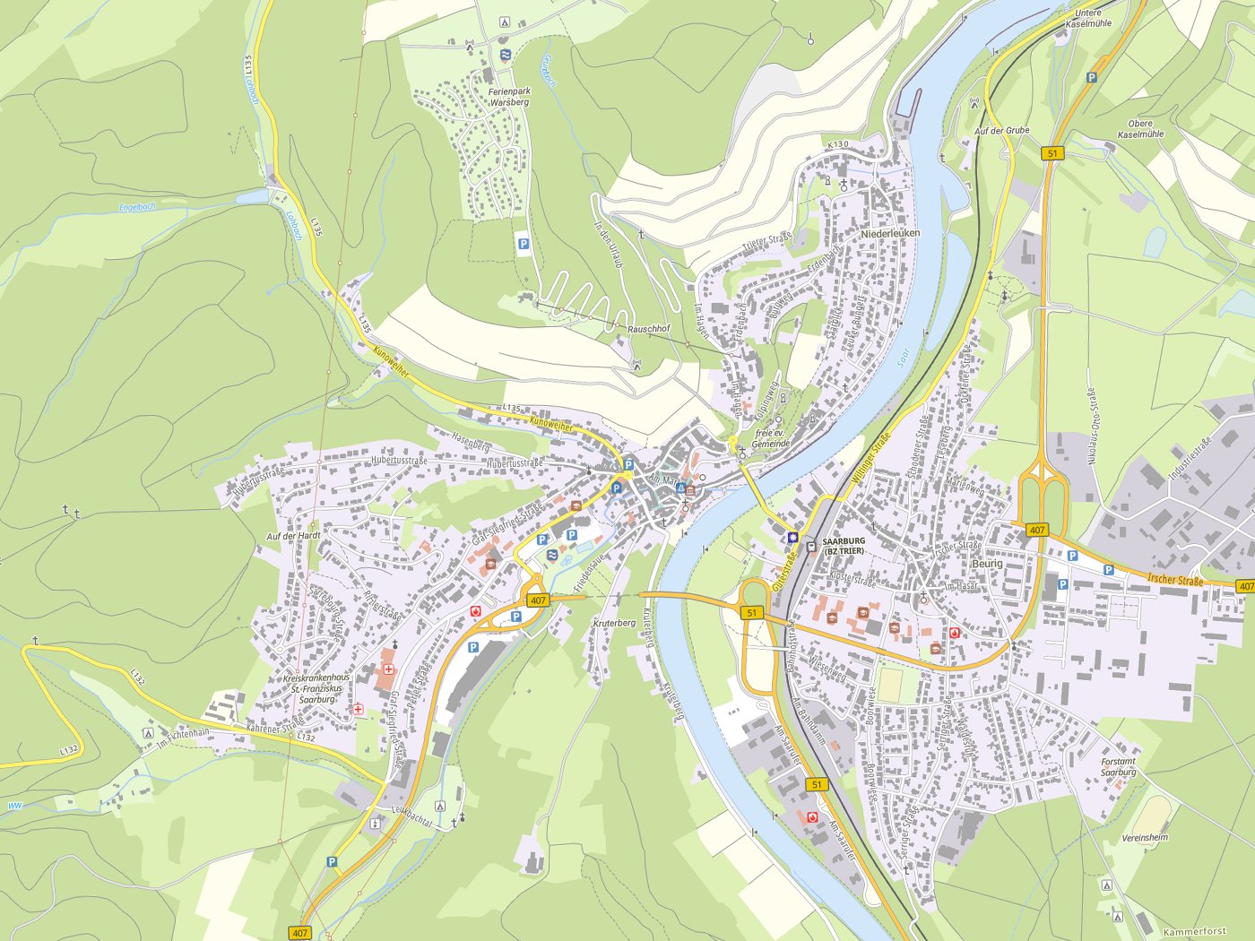 Kartenausschnitt Saarburg mit Gewässern
