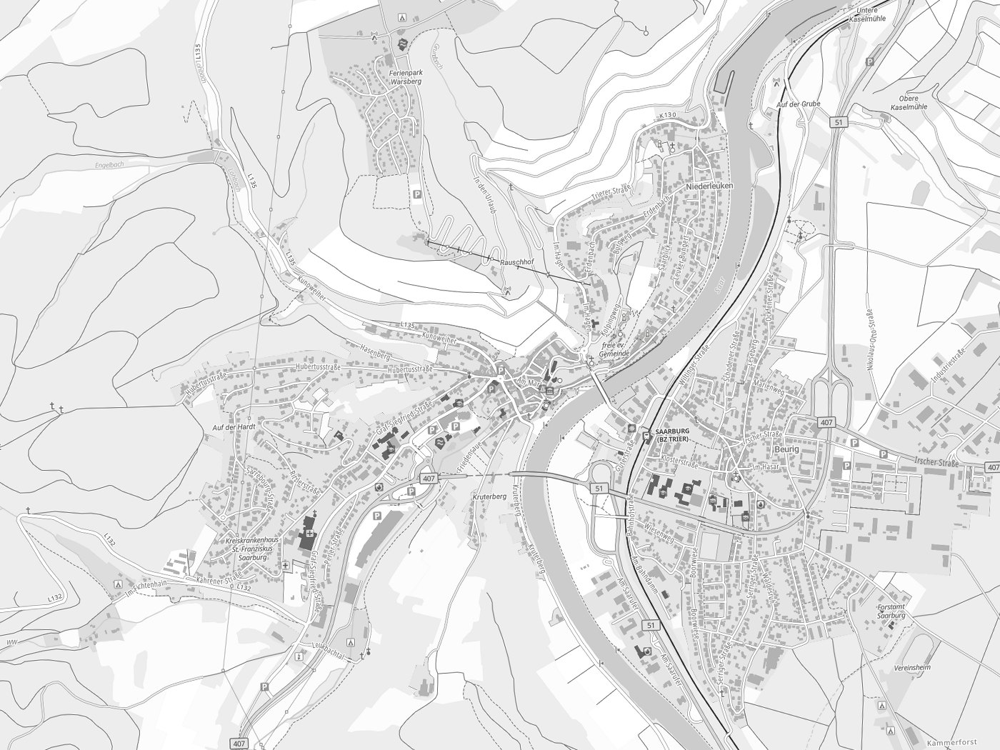 Kartenausschnitt Saarburg mit Gewässern