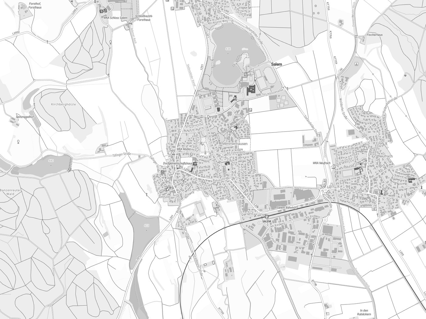 Kartenausschnitt Salem mit Gewässern