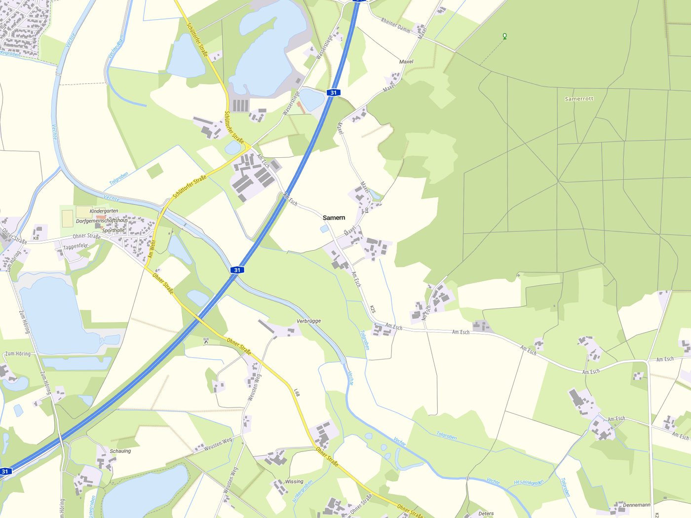 Kartenausschnitt Samern mit Gewässern