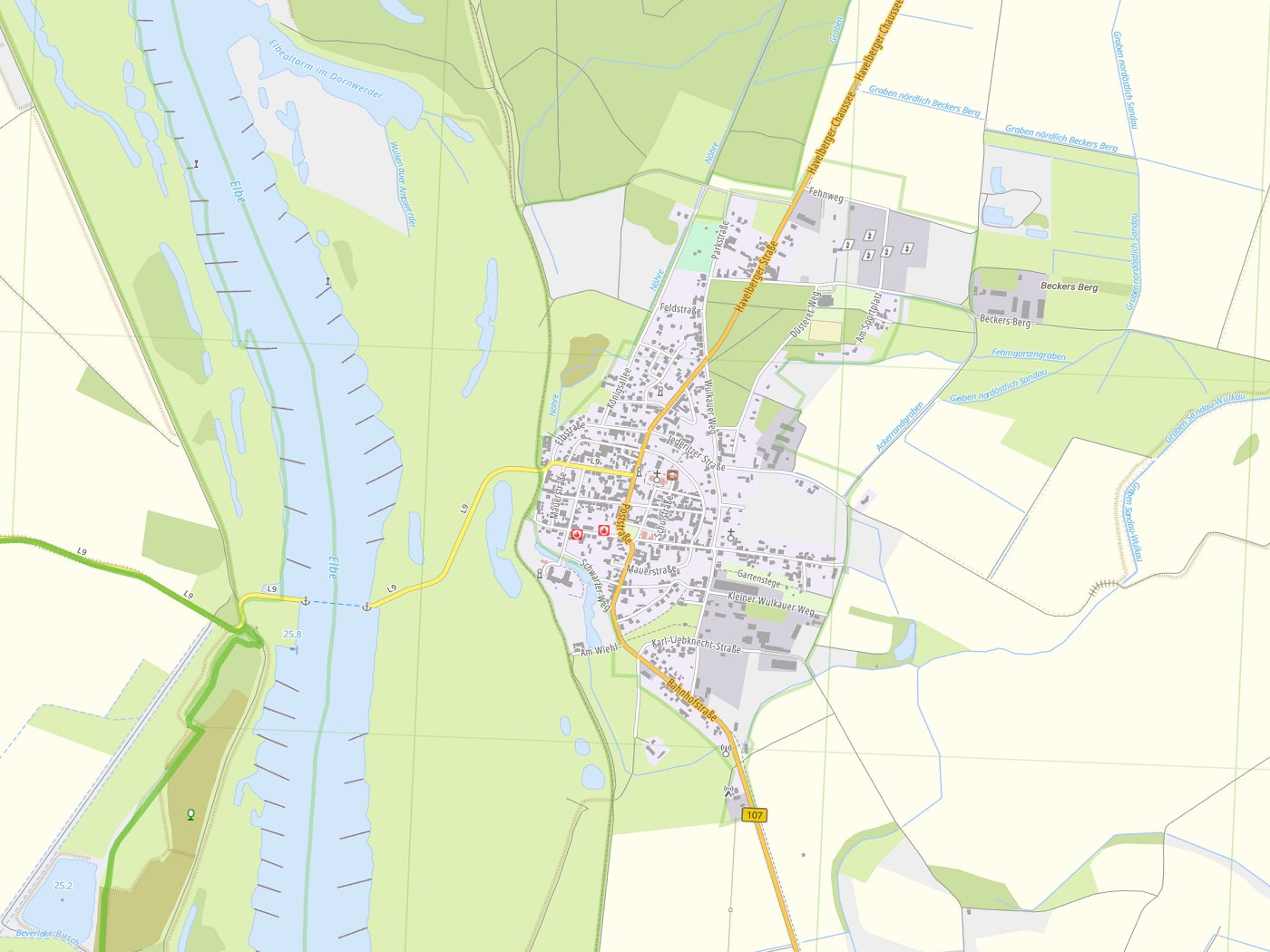 Kartenausschnitt Sandau (Elbe) mit Gewässern