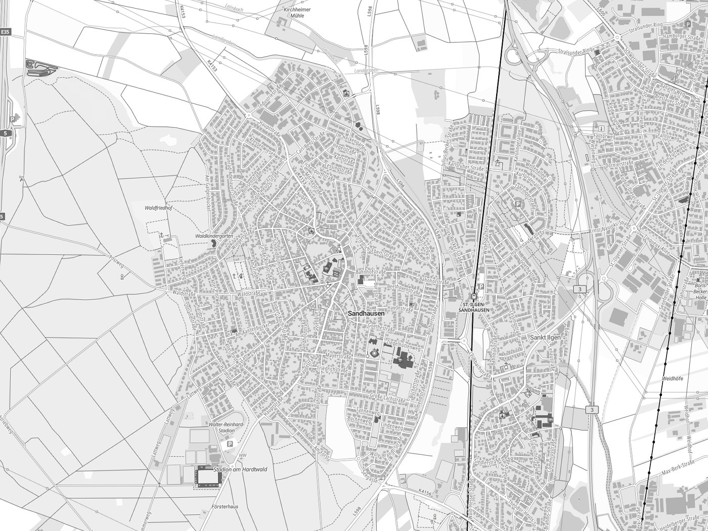 Kartenausschnitt Sandhausen mit Gewässern