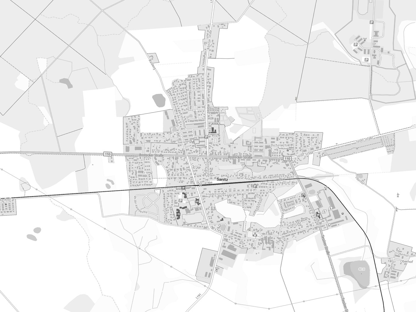 Kartenausschnitt Sanitz mit Gewässern