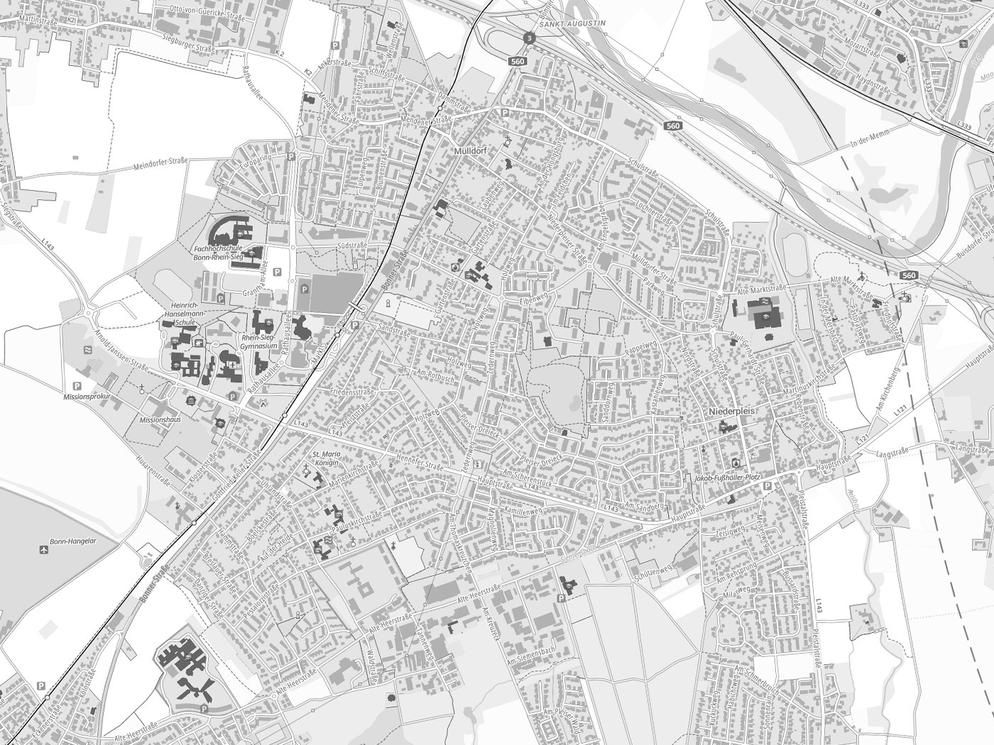 Kartenausschnitt Sankt Augustin mit Gewässern