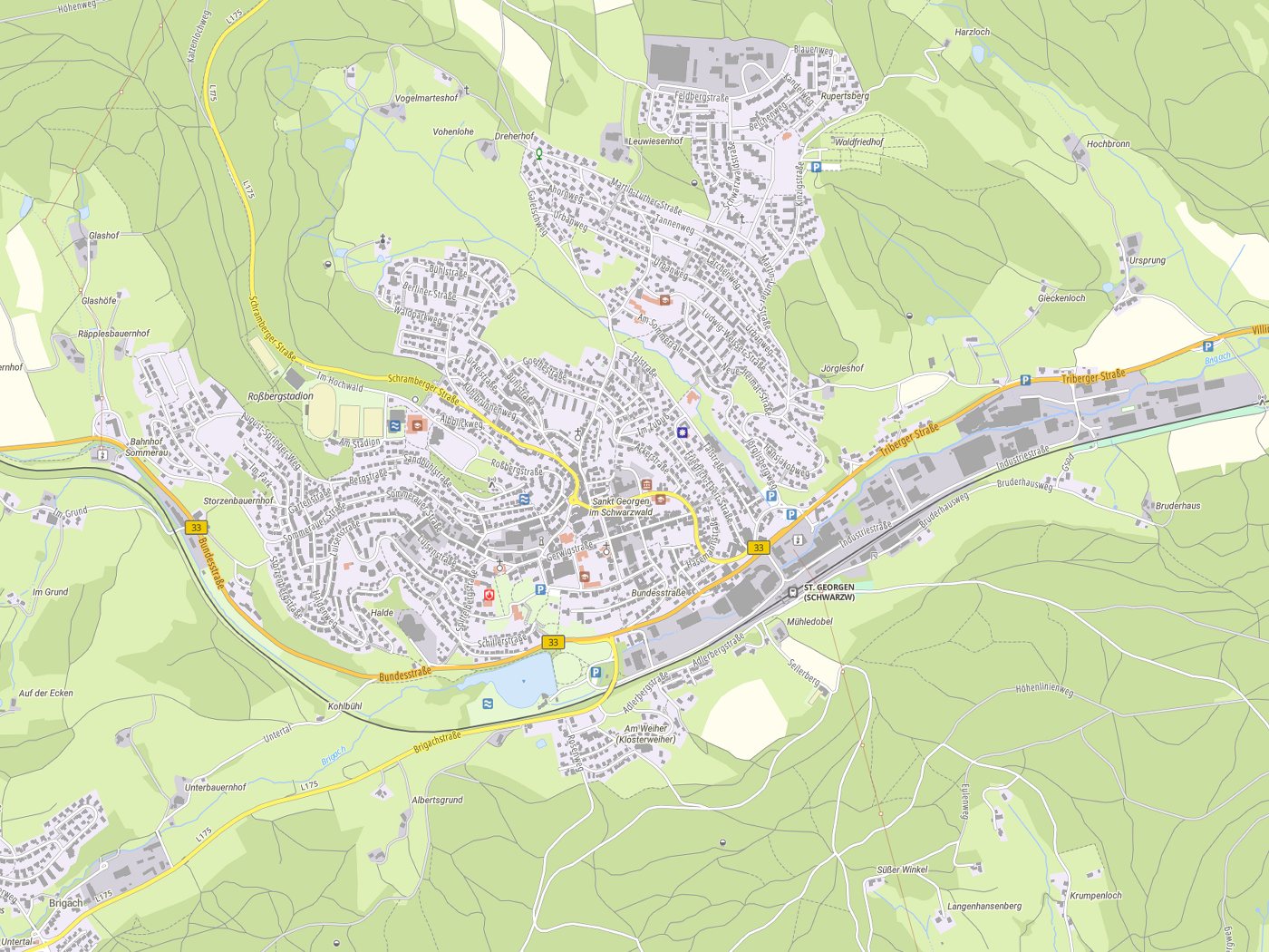Kartenausschnitt Sankt Georgen im Schwarzwald mit Gewässern