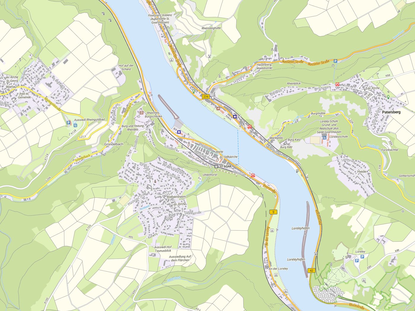 Kartenausschnitt Sankt Goar mit Gewässern